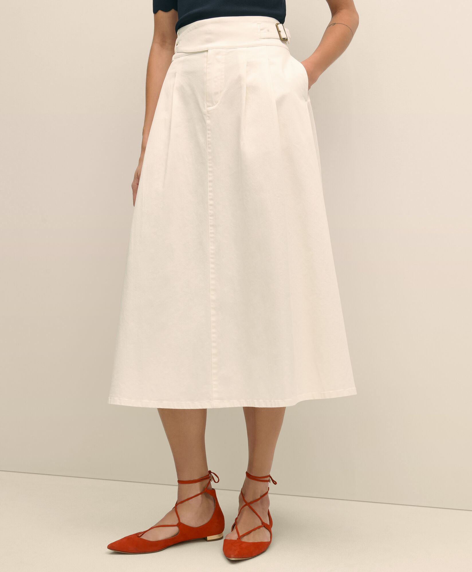 Brooks Brothers Belted A-Line Twill Pleated Skirt White 1000102995US100217962