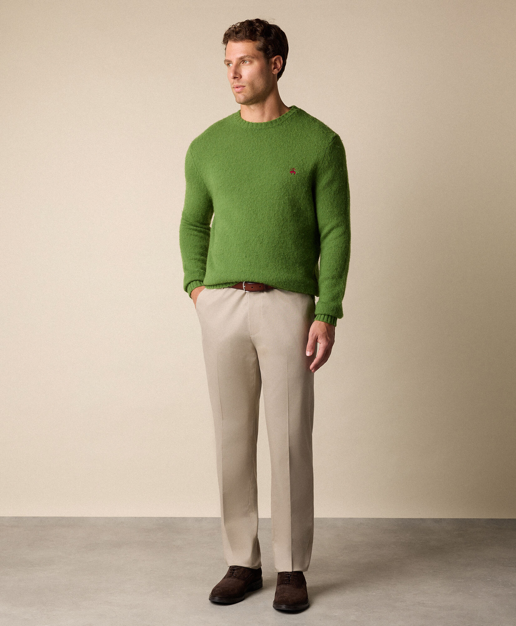 Brooks Brothers Pull Ras du Cou en Laine Shetland Vert KNCRN064WOPWO005GREEP001