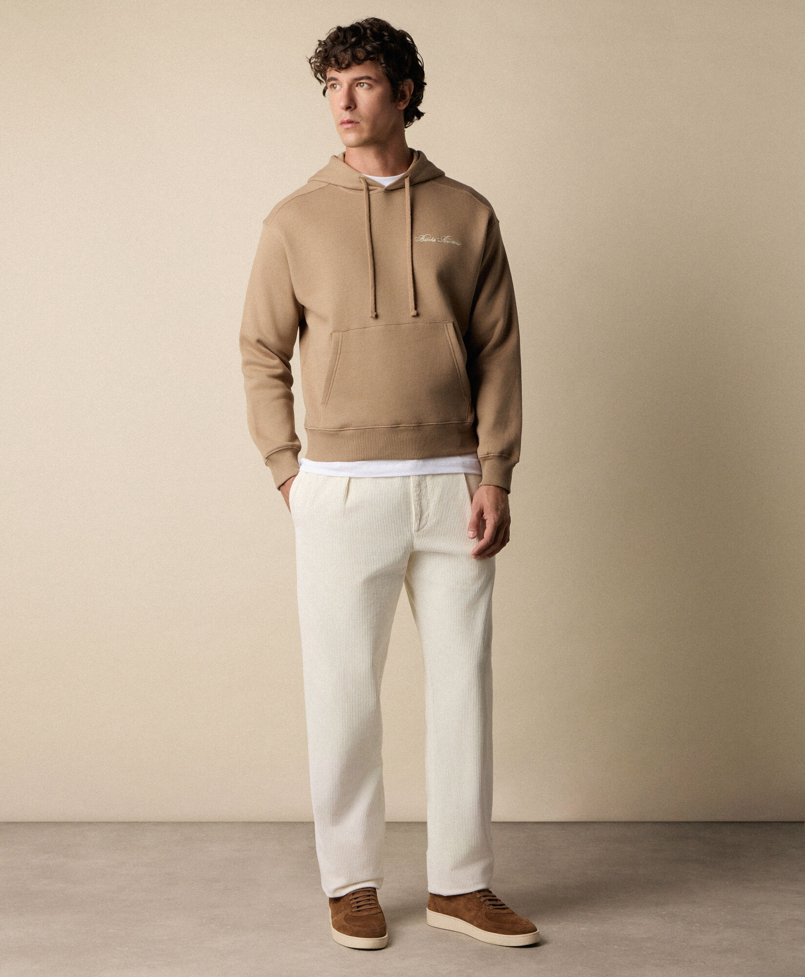 Brooks Brothers Cotton Hoodie with Embroidered Logo Camel SWHOD003COBPL008CAMEP001