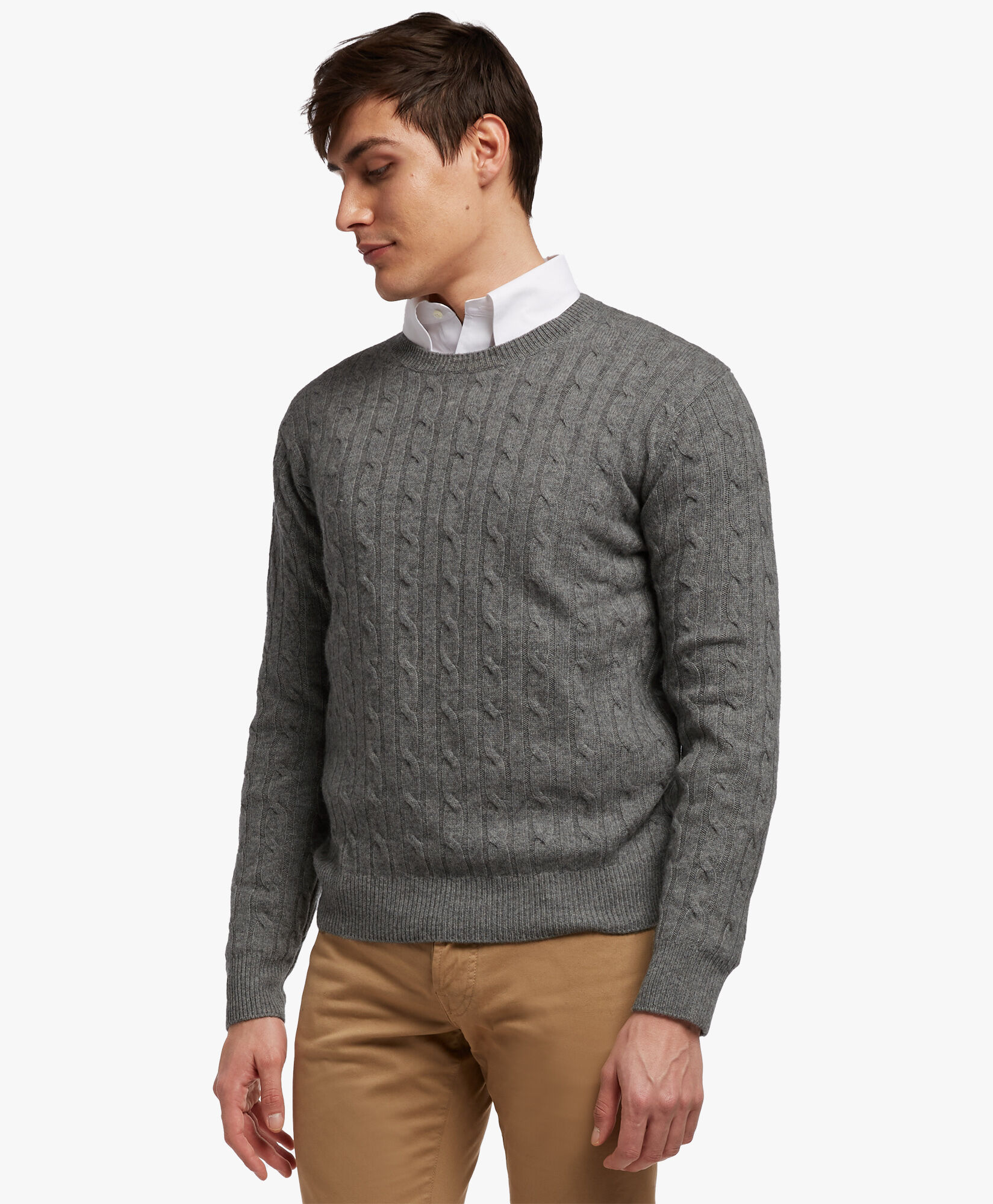 Light Grey Cable-Knit Crew-Neck Sweater in Light Grey | Brooks Brothers® EU