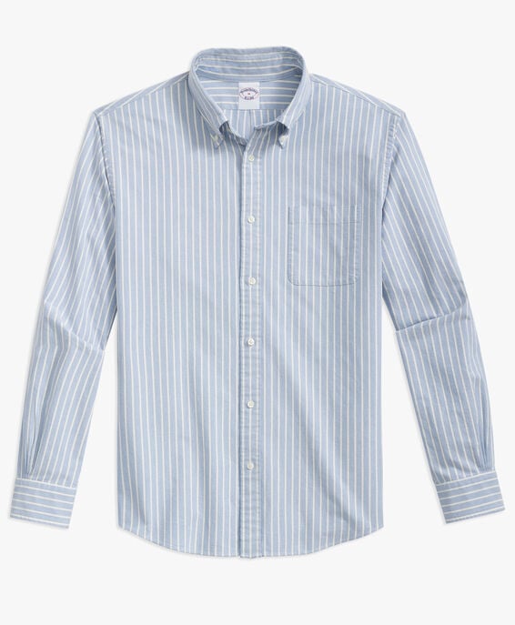 Brooks Brothers Blue Striped Regular Fit Oxford Cloth Friday Sport Shirt with Polo Button Down Collar Blue 1000098504US100207812
