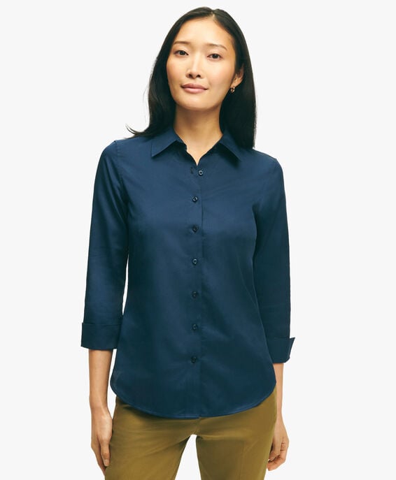 Brooks Brothers Navy Fitted Stretch Cotton Sateen Three-Quarter Sleeve Blouse Navy 1000098397US100207948