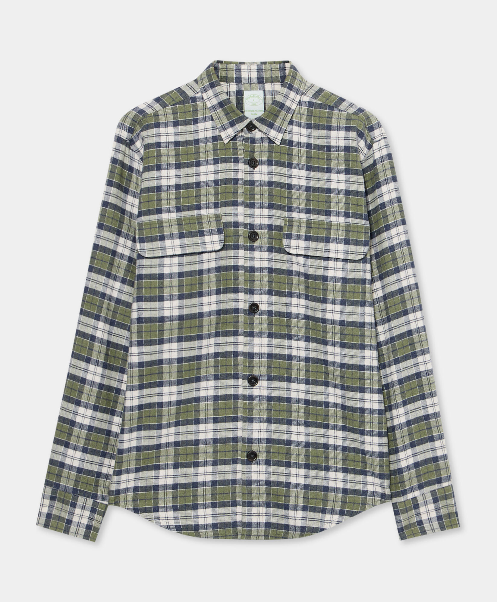 Brooks Brothers Plaid Cotton Flannel Overshirt with Flap Pockets Green CSHAV002COPCO001GREEF001
