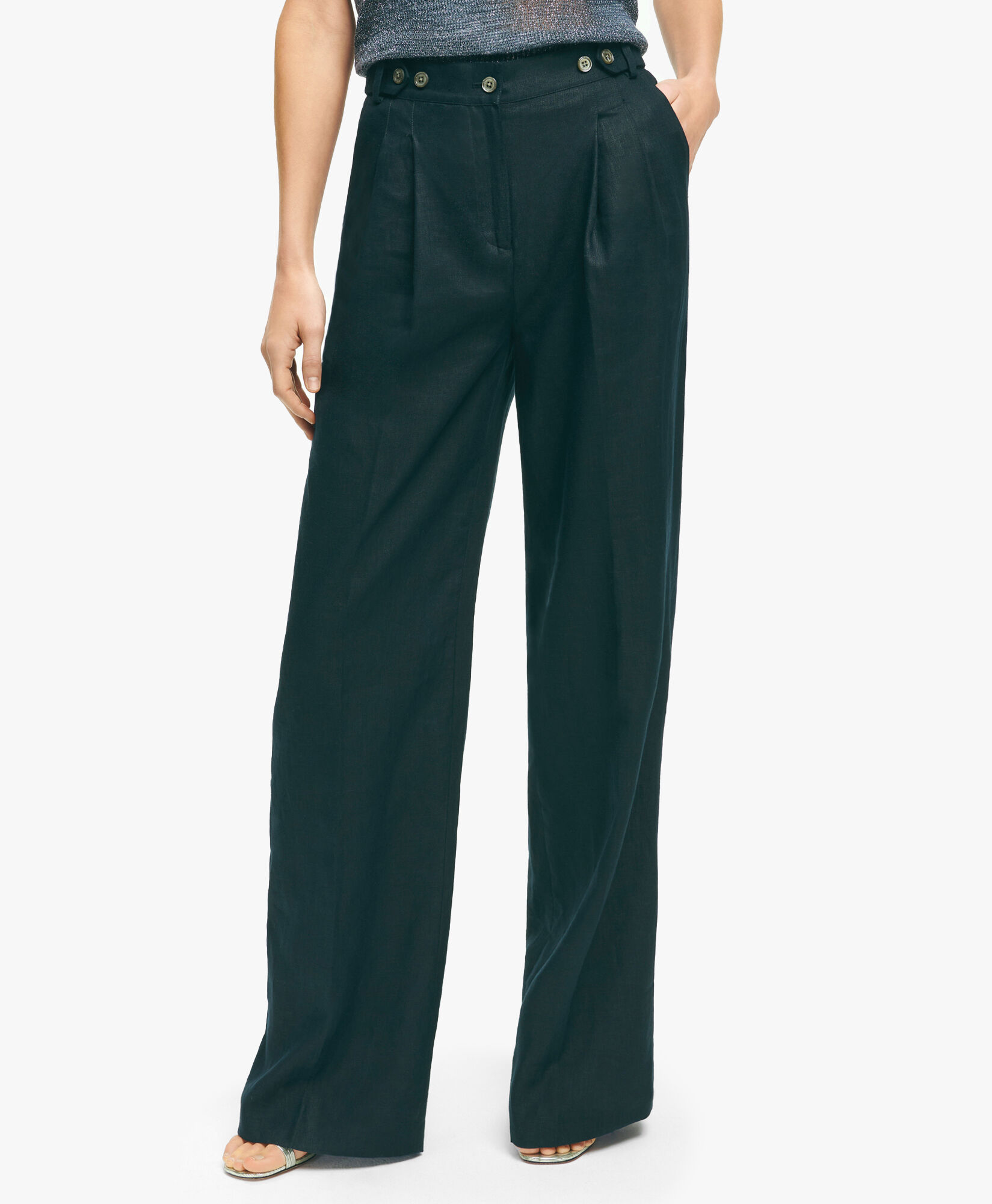 Navy Pleated Wide Leg Linen Trousers in Navy for Women Brooks Brothers UK