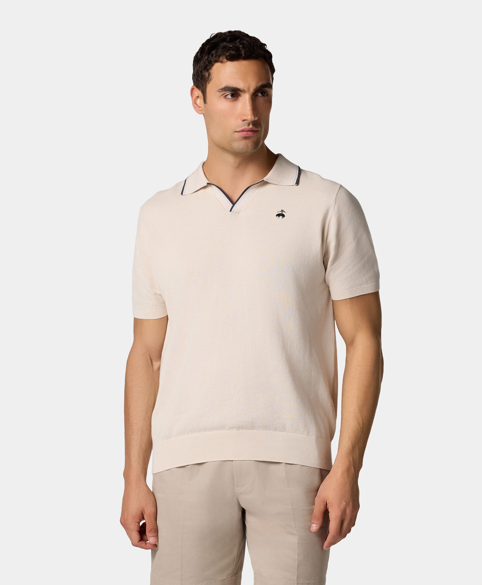 Brooks Brothers Cotton Waffle-Knit Polo with Johnny Collar Sand KNPOL016COPCO001SANDP001