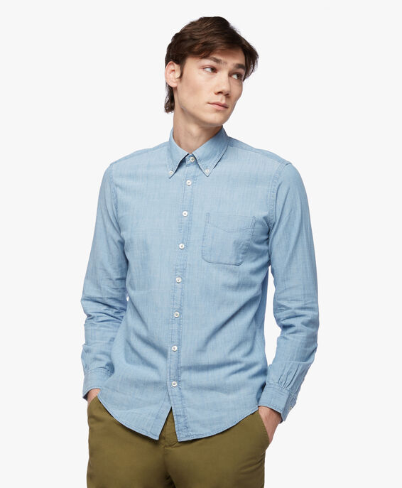 Brooks Brothers Milano Slim-fit Sport Shirt, Chambray, Button-Down Collar Pastel Blue 1000089996US100186496