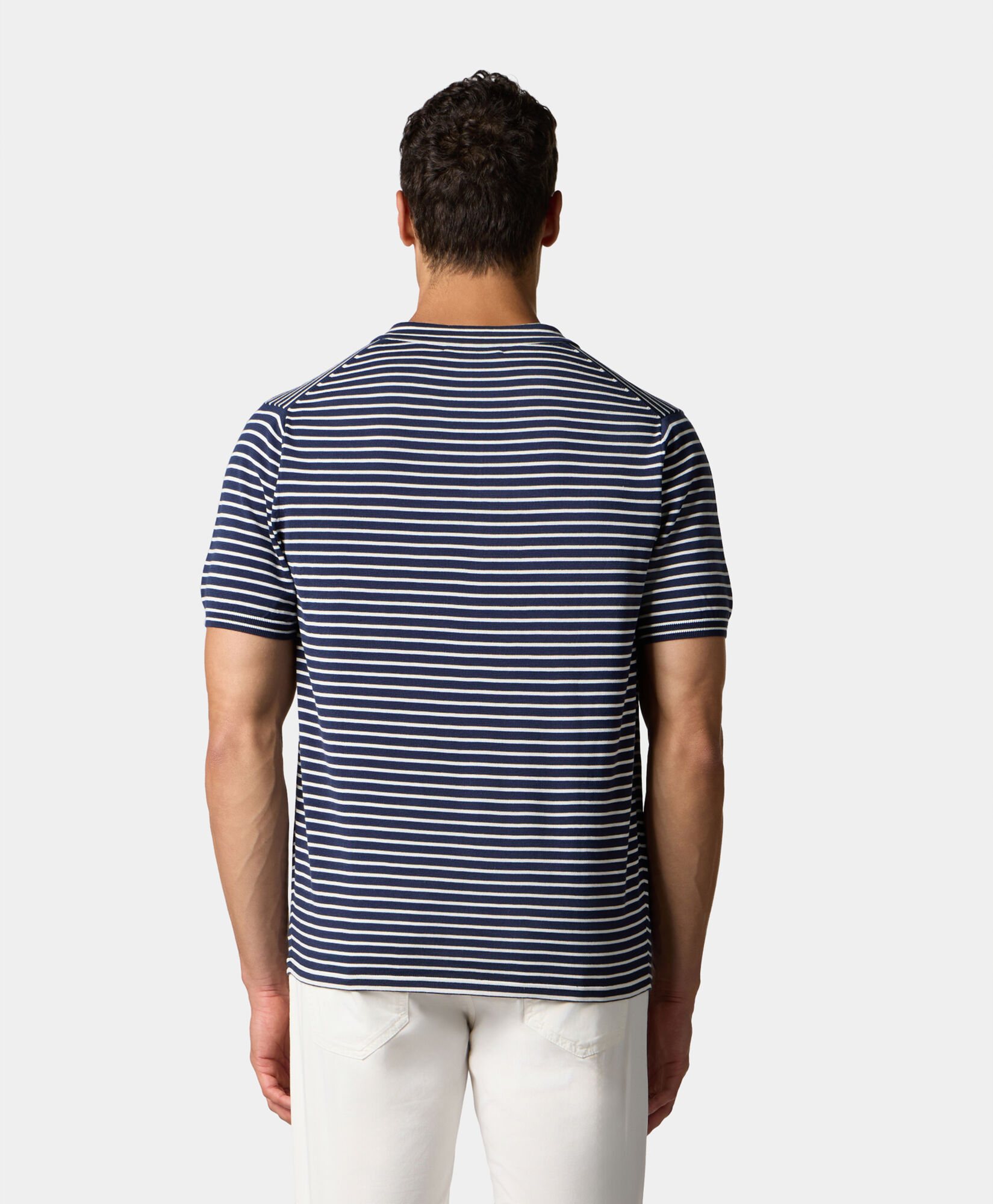 Brooks Brothers Striped Cotton-Silk-Linen Knit Polo Blue KNPOL014COBSE001BLUEF001