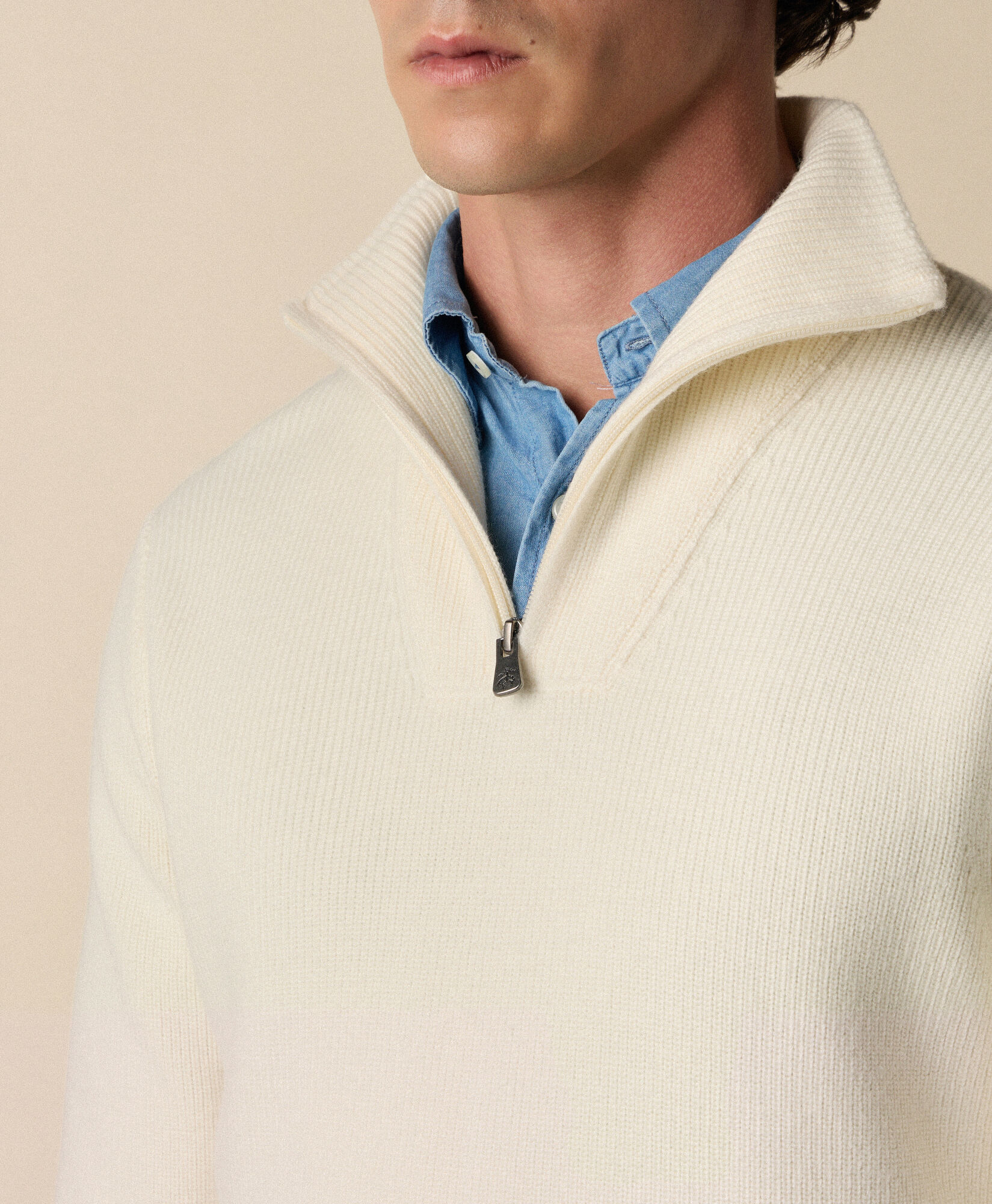 Brooks Brothers Pull à Demi-Zip en Laine Mérinos Lait KNHFZ005WOPWO002MILKP001