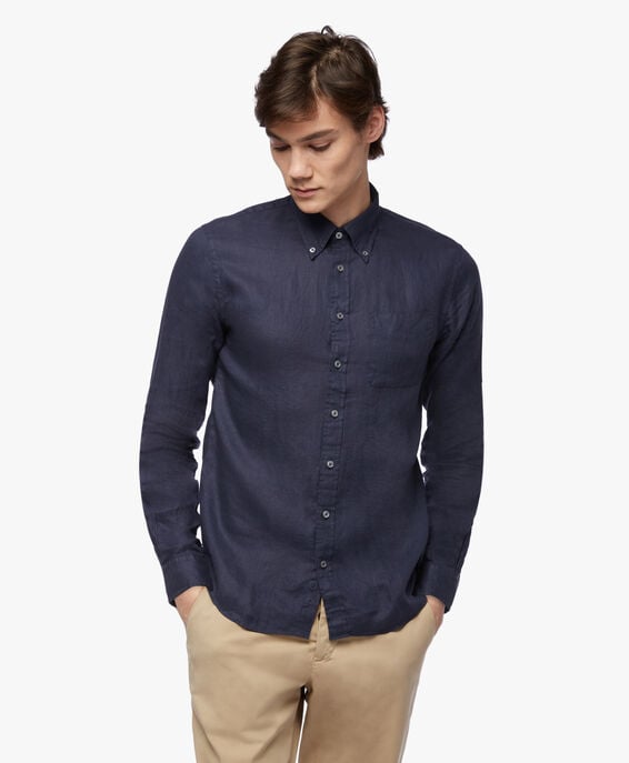 Brooks Brothers Camisa informal corte slim Milano de lino irlandés Azul marino 1000095328US100200054
