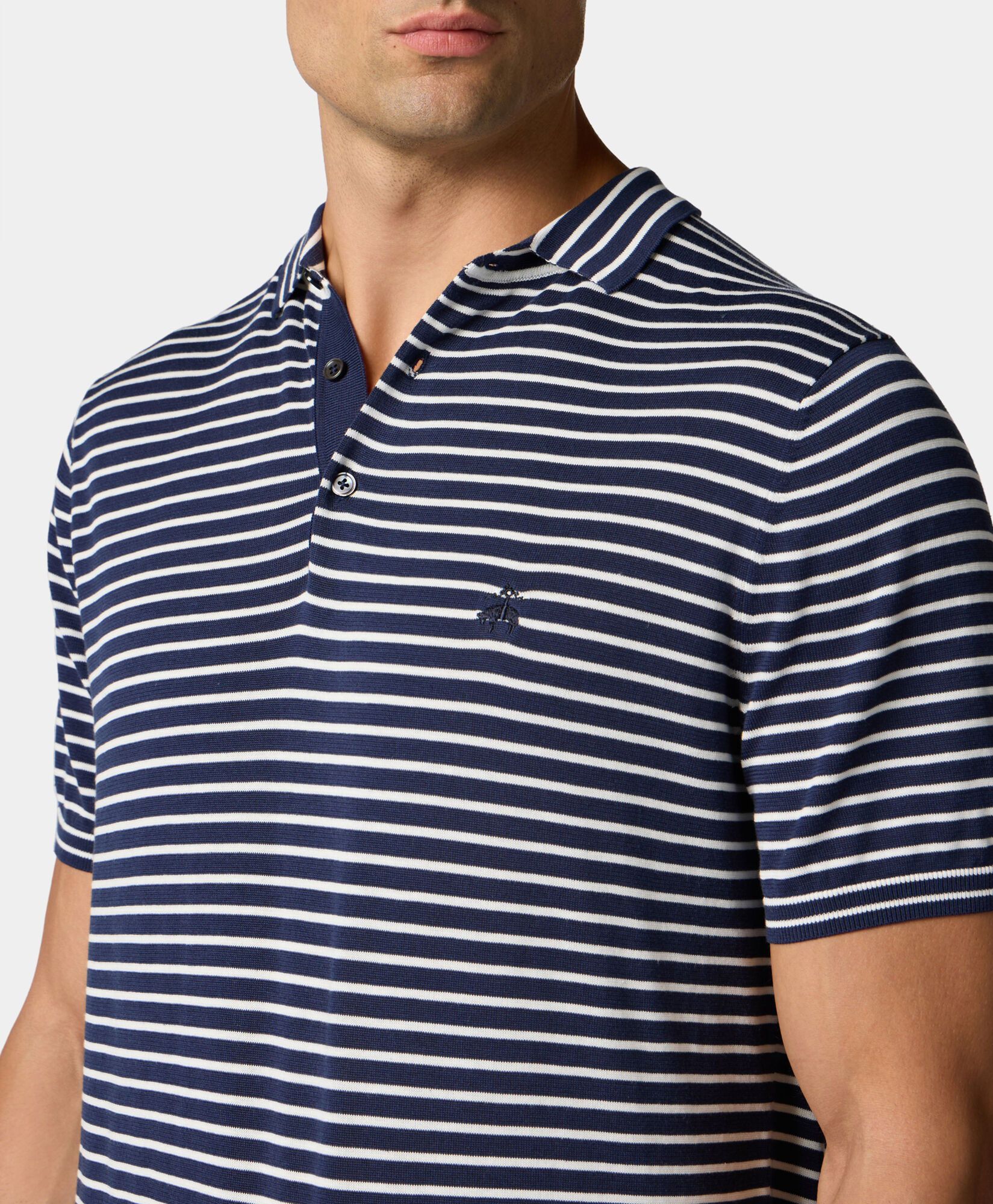 Brooks Brothers Striped Cotton-Silk-Linen Knit Polo Blue KNPOL014COBSE001BLUEF001