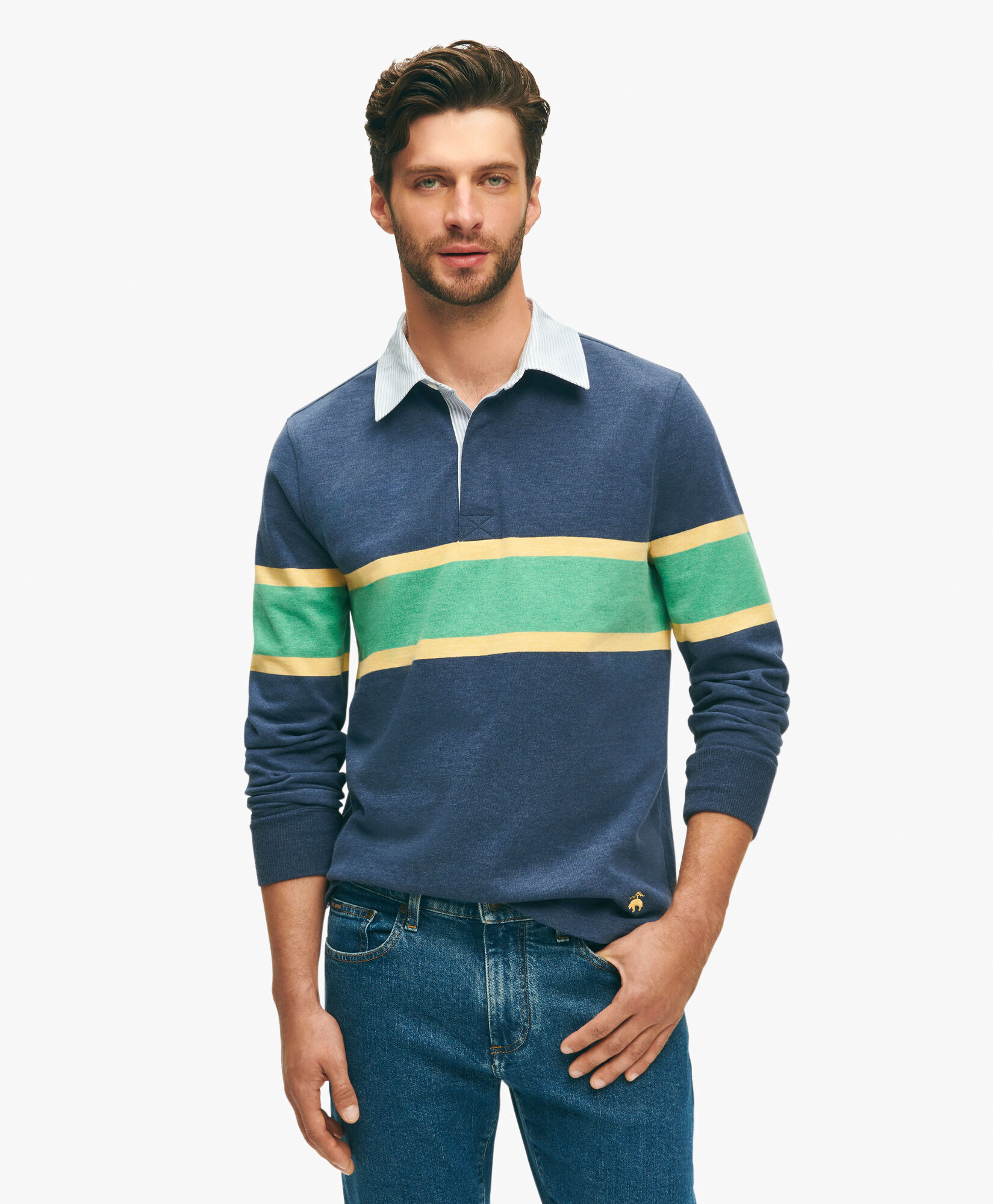Navy Golden Fleece Stretch Supima Sueded Jersey Cotton Long Sleeve Chest Striped Polo Shirt in Navy for Men Brooks Brothers EU