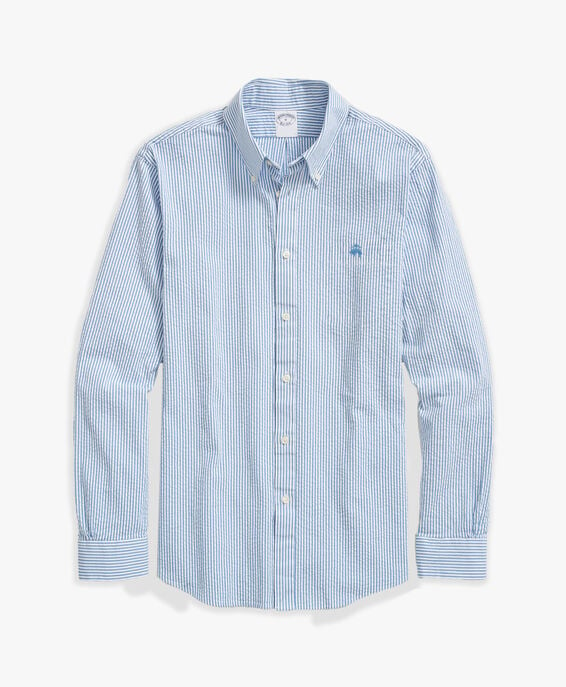 Brooks Brothers Blue Stripe Regular Fit Cotton Seersucker Dress Shirt with Button Down Collar Blue 1000099668US100210378