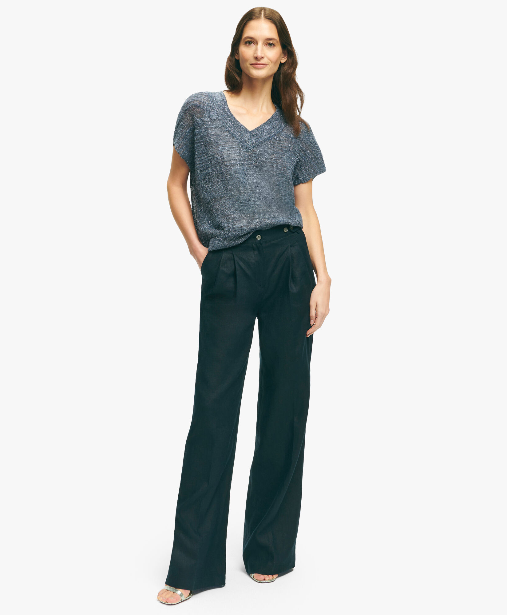 Navy Pleated Wide Leg Linen Trousers in Navy for Women Brooks Brothers UK