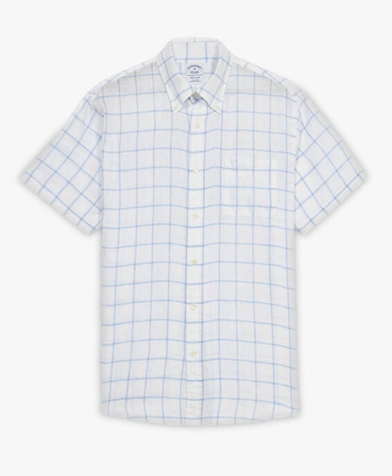Brooks Brothers Camisa informal para hombre blanca de lino a cuadros con cuello button down Blanco 1000098881US100212074
