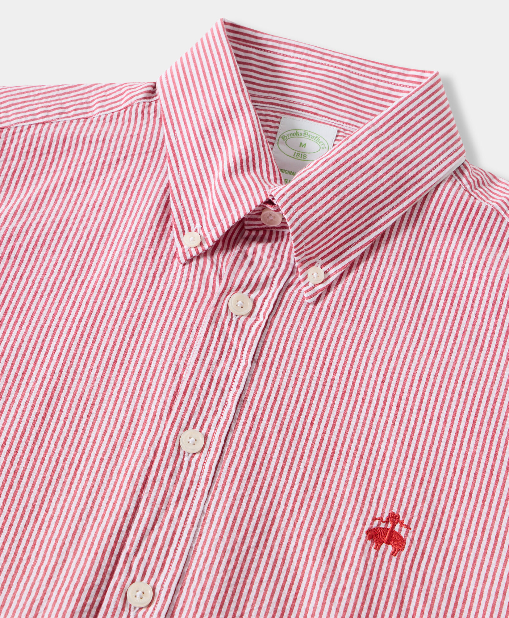 Brooks Brothers Slim Fit Striped Seersucker Button Down Shirt Red CSHBD013COPCO001REDF0001