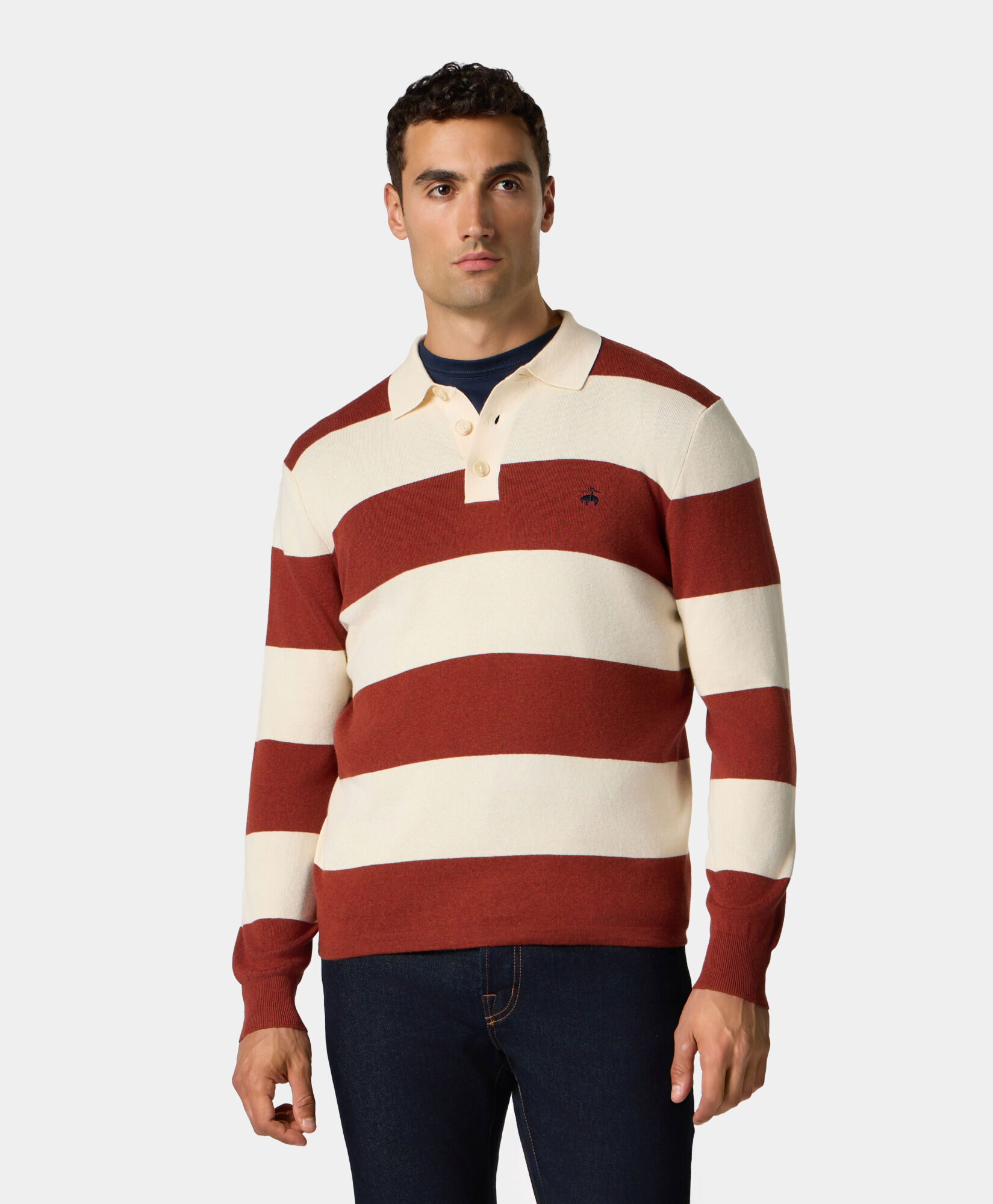 Brooks Brothers Striped Cotton-Cashmere Rugby Knit Polo Rust KNPOL012COBWO002RUSTF001