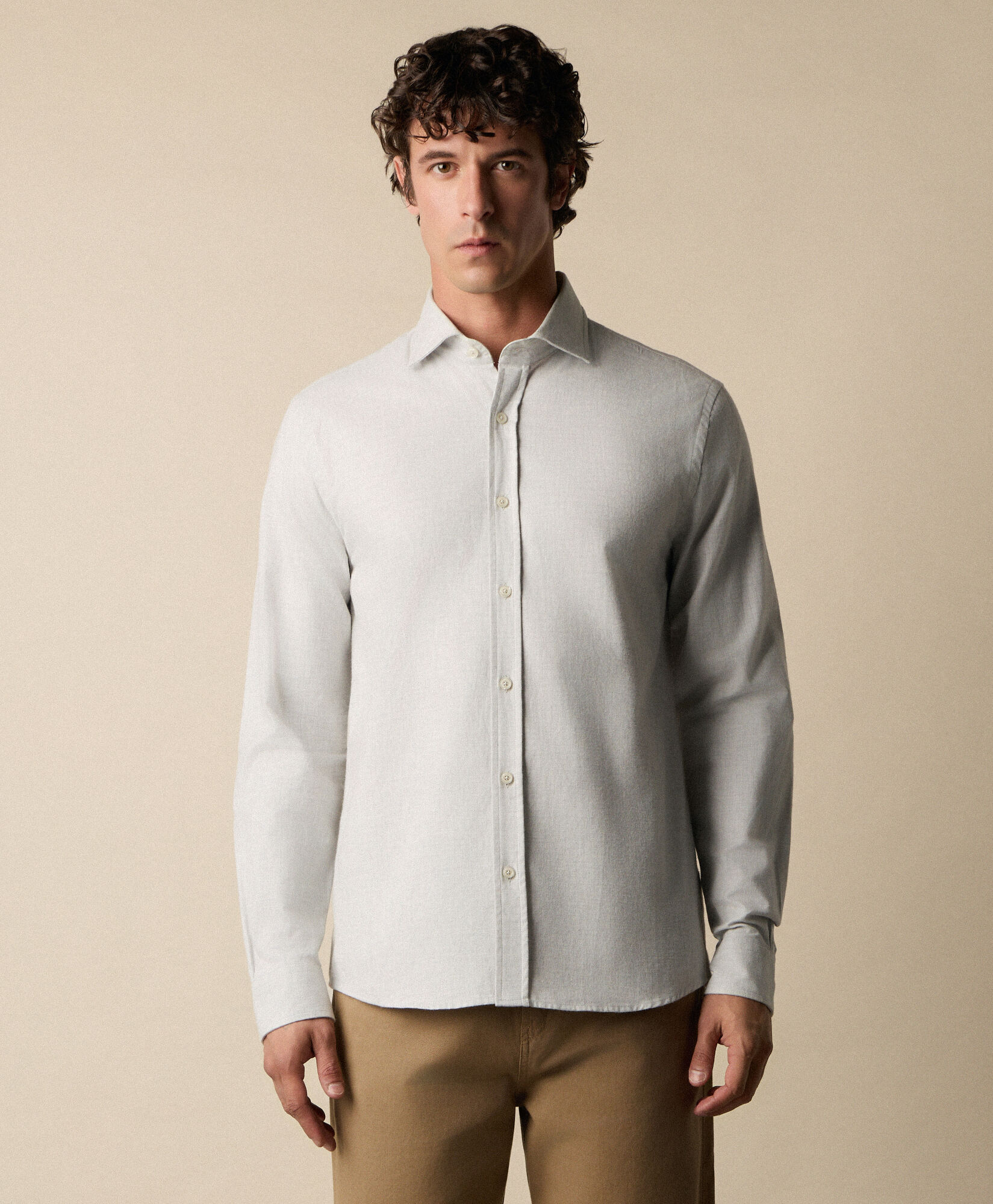 Brooks Brothers Slim Fit Melange Cotton Flannel Shirt with Spread Collar Light Grey CSHSP011COPCO001LTGRP001