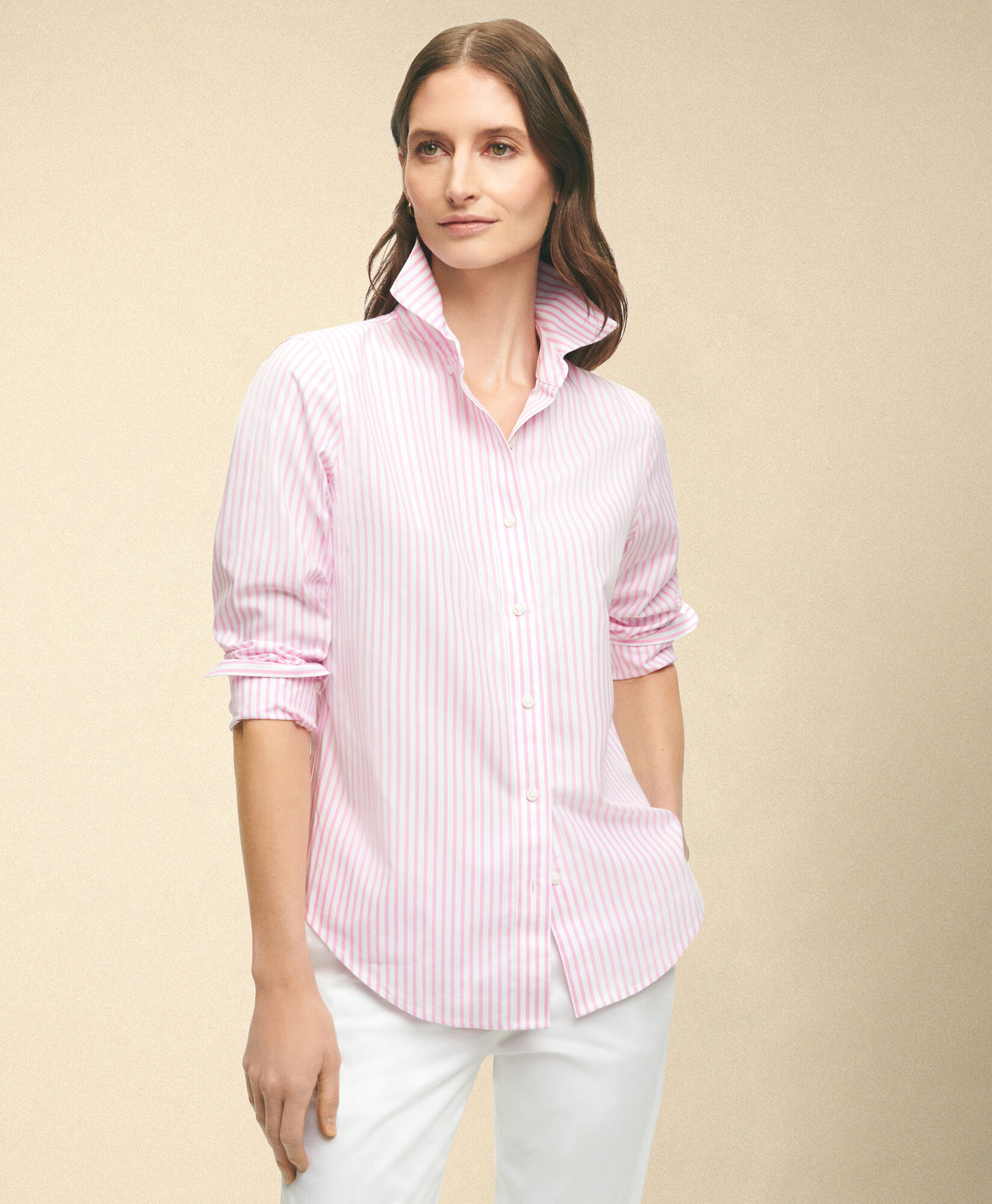 Brooks Brothers Classic Fit Non-Iron Striped Stretch Poplin Supima Shirt with Button Down Collar Pink 1000102840US100217300