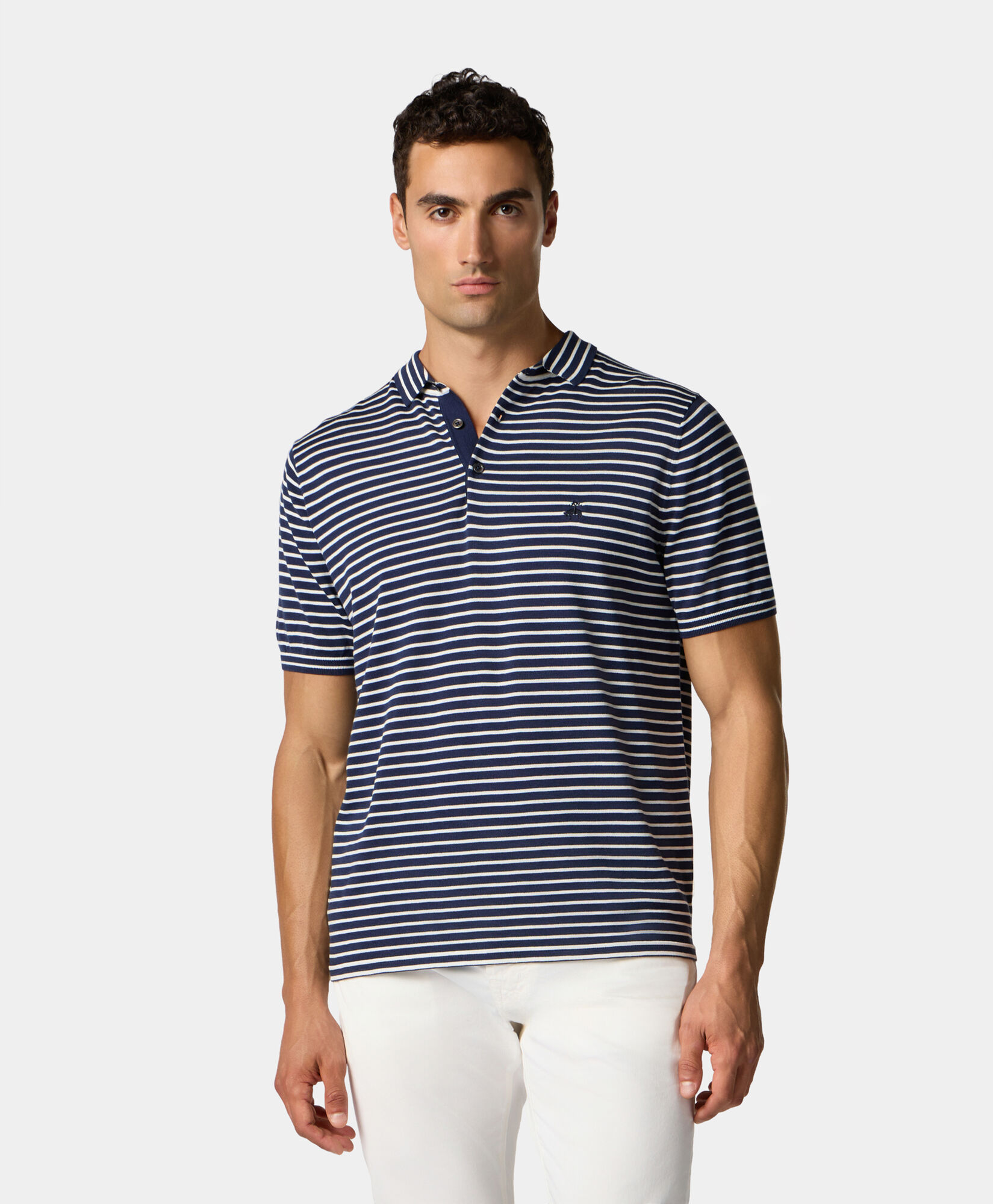 Brooks Brothers Striped Cotton-Silk-Linen Knit Polo Blue KNPOL014COBSE001BLUEF001