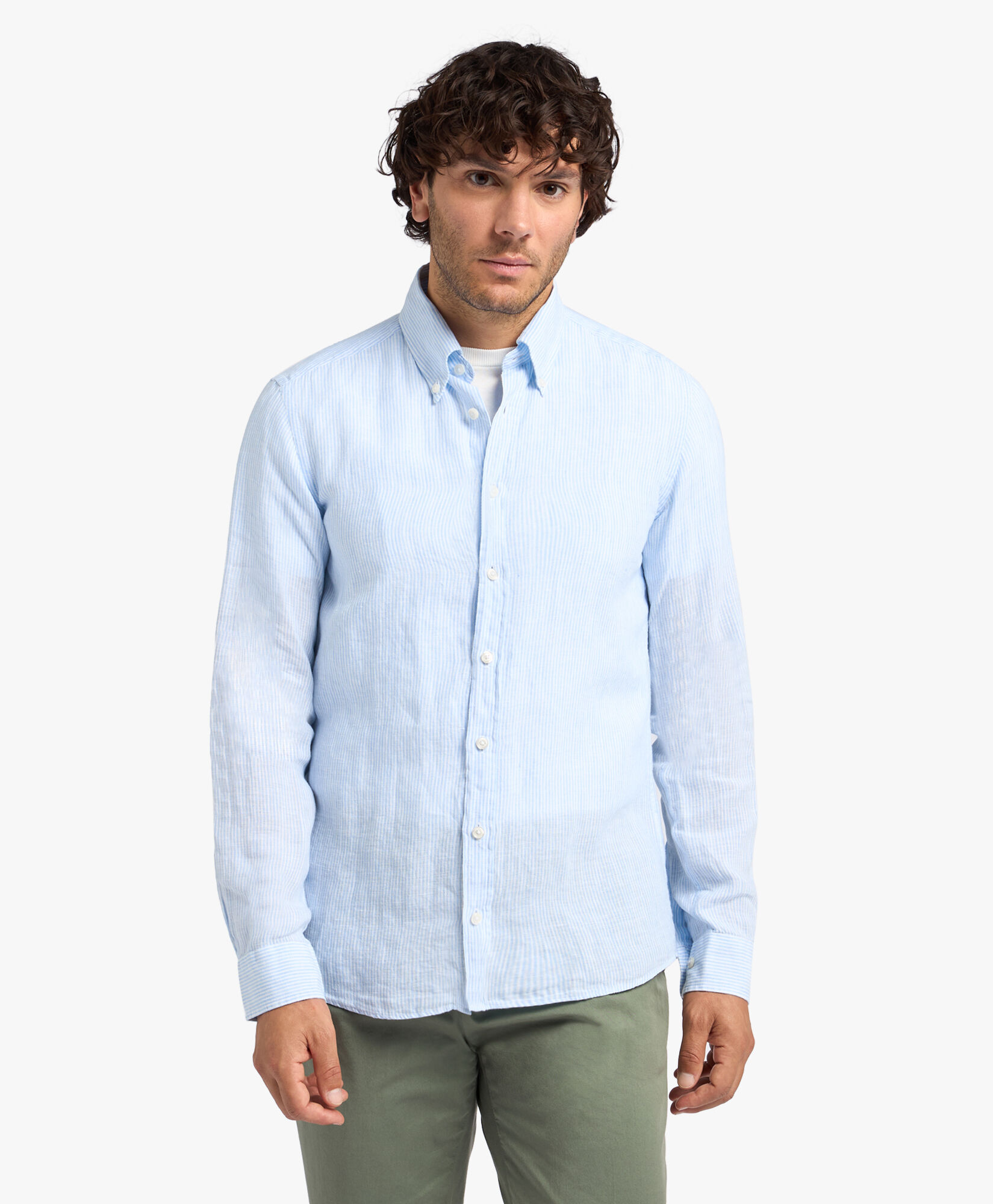 Brooks Brothers Slim Fit Striped Linen Button Down Shirt Light Blue CSHBD006LIPLI001LTBLF001