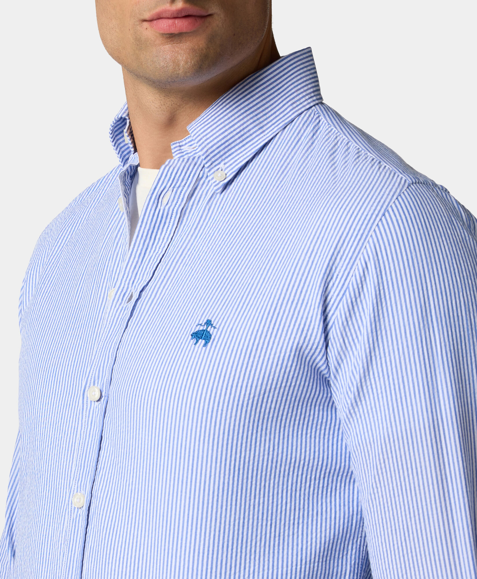 Brooks Brothers Slim Fit Striped Seersucker Button Down Shirt Blue CSHBD013COPCO001BLUEF001