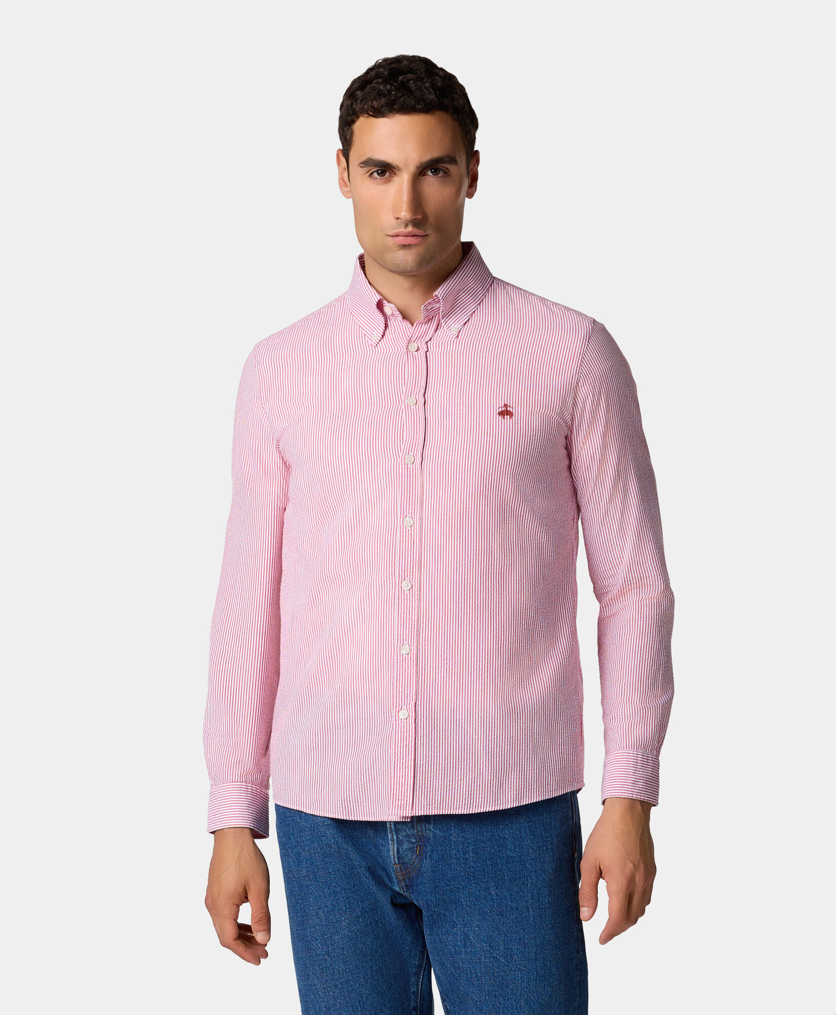 Brooks Brothers Slim Fit Striped Seersucker Button Down Shirt Red CSHBD013COPCO001REDF0001