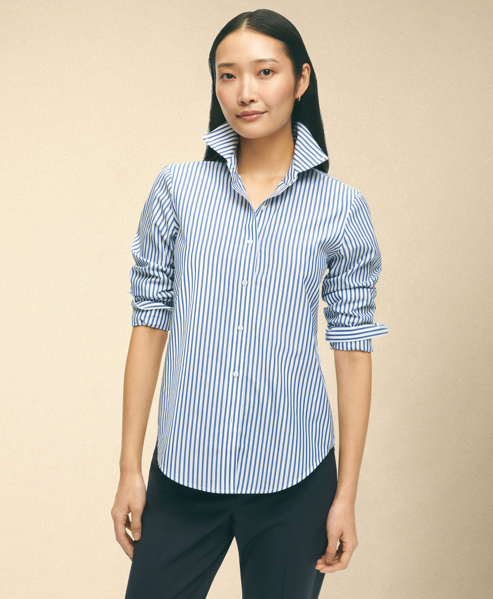 Brooks Brothers Classic Fit Non-Iron Striped Stretch Poplin Supima Shirt with Button Down Collar Blue 1000102840US100217298