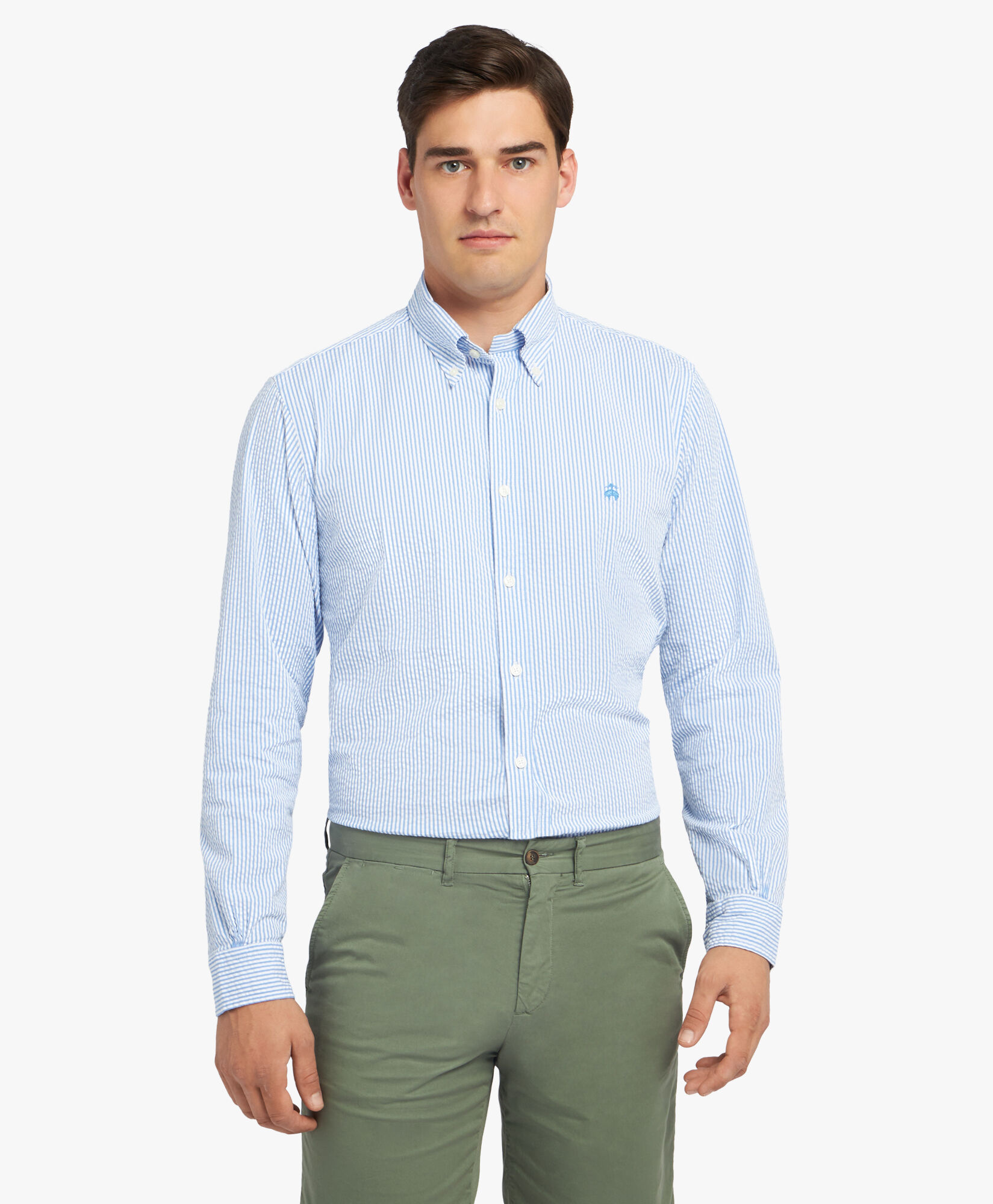 Camicia blu a righe regular fit in cotone seersucker con collo button down in Blu da Uomo Brooks Brothers EU