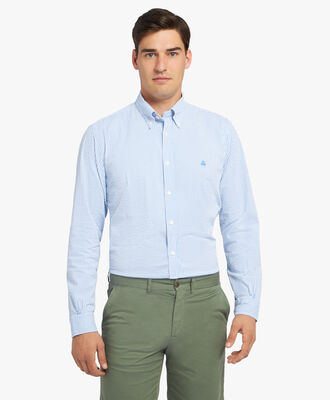 Chemise coupe regular en crêpe de coton rayé bleu avec col Button