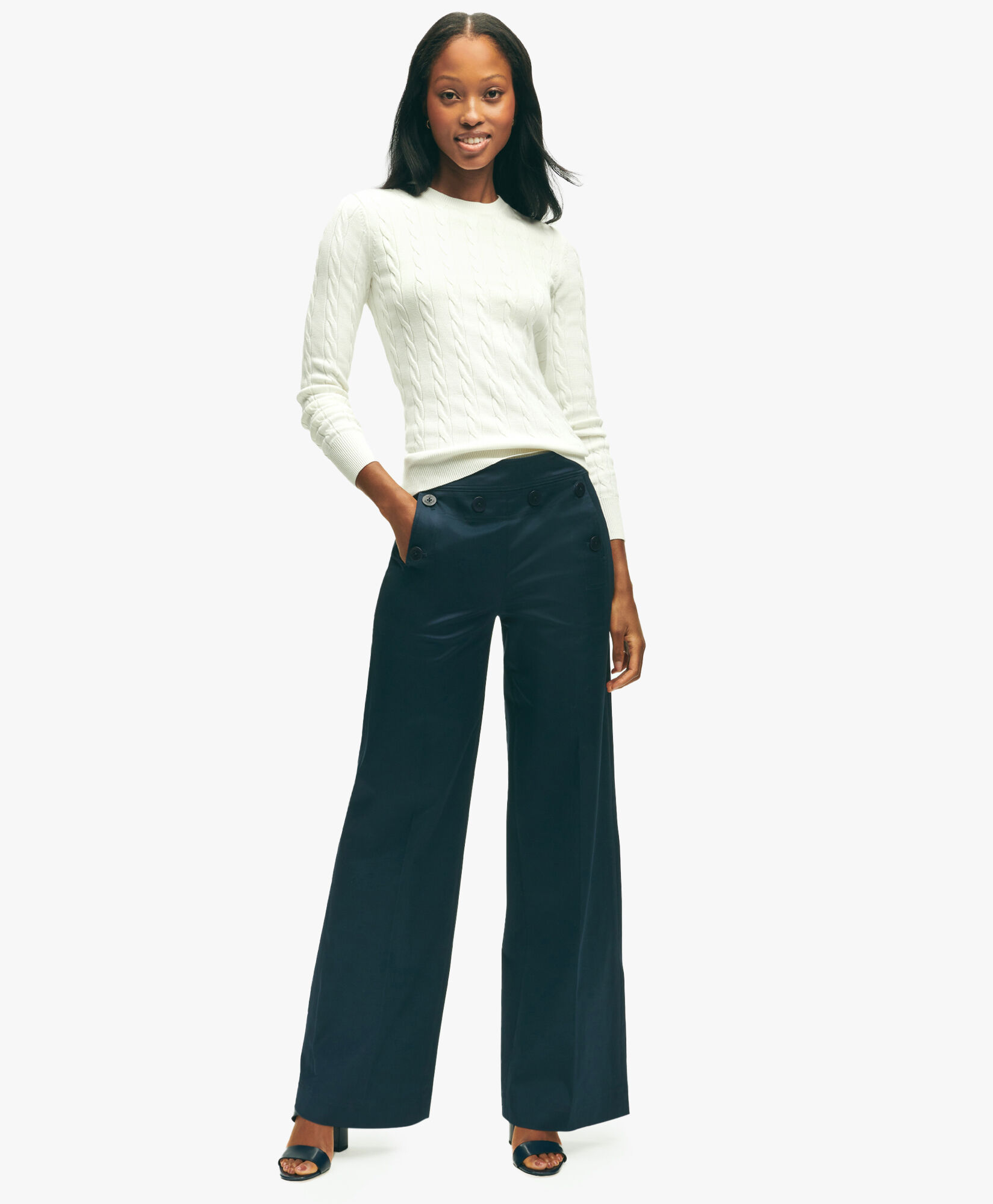 Navy Cotton Twill Wide Leg Sailor Pants in Navy for Women Brooks Brothers UK