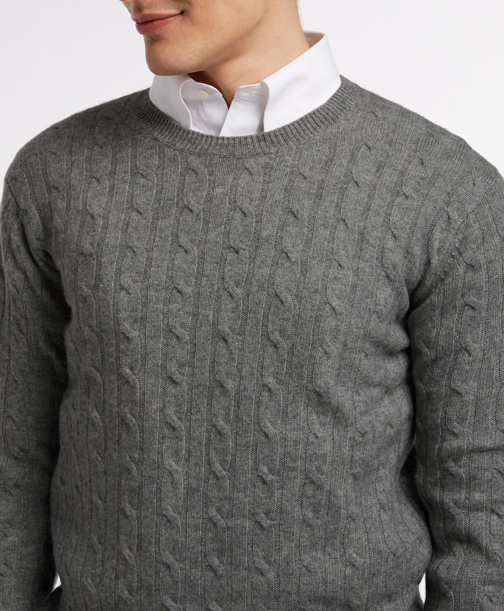 Light Grey Cable Knit Crew Neck Sweater in Light Grey Brooks