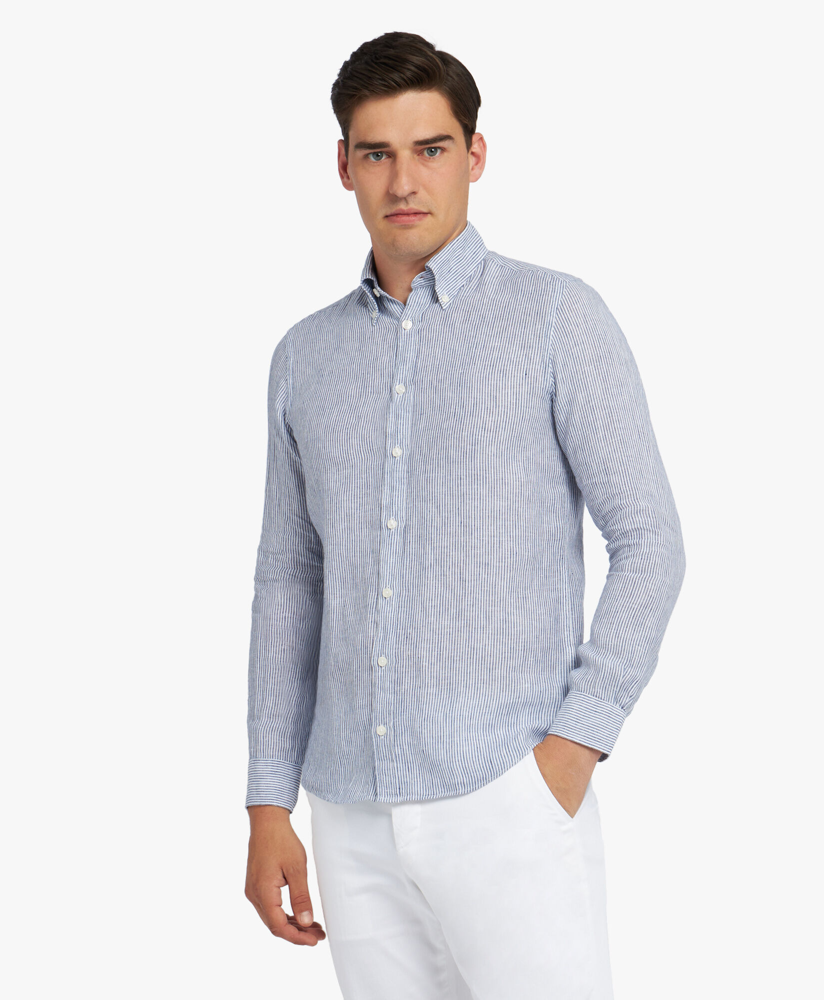 Brooks Brothers Slim Fit Striped Linen Button Down Shirt Navy CSHBD006LIPLI001NAVYF001