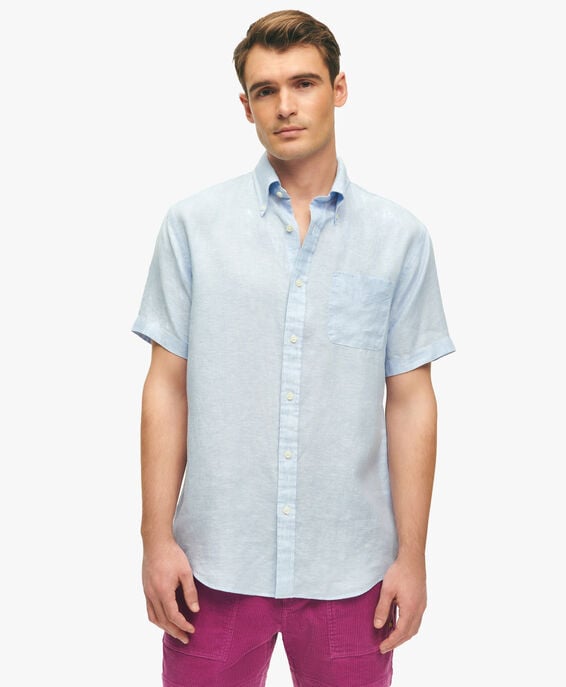 Brooks Brothers Light Blue Regular Fit Linen Short-Sleeve Sport Shirt with Button Down Collar Light Blue 1000095319US100207862