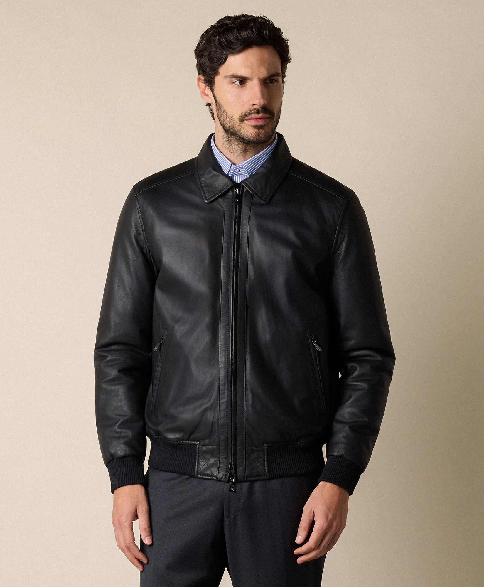 Brooks Brothers Leather Bomber Jacket Black COJKT020LTPLT002BLAKP001