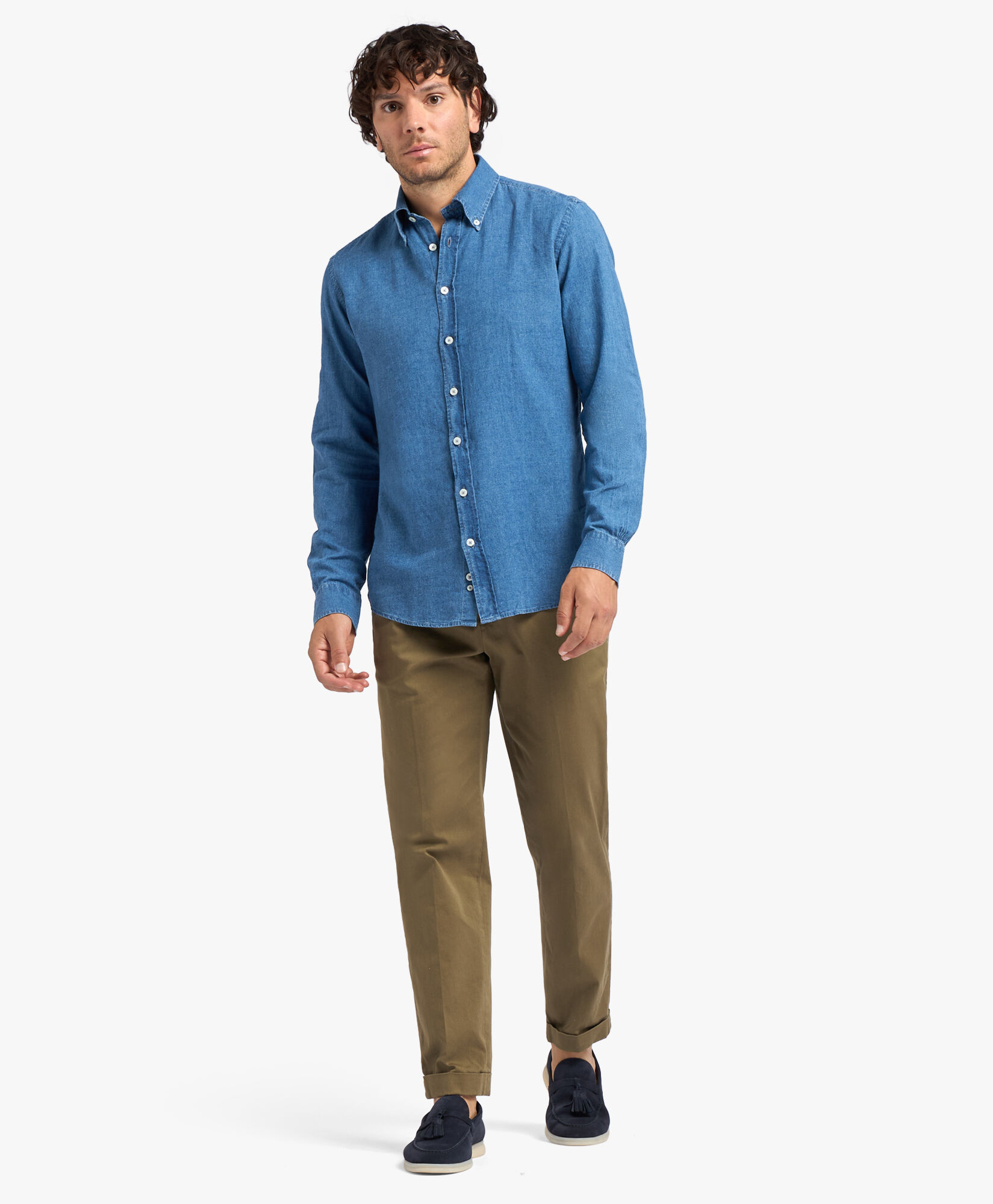 Brooks Brothers Chemise Slim Fit en Lin et Coton avec Col Button-Down Bleu Clair CSHBD008LIBCO001LTBLP001
