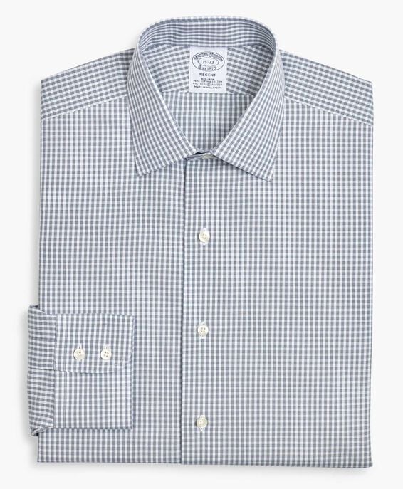 Brooks Brothers Camisa de vestir non-iron corte regular Regent, Oxford elástico, cuello Ainsley, a cuadros Cuadros azul piedra 1000062705US100131458