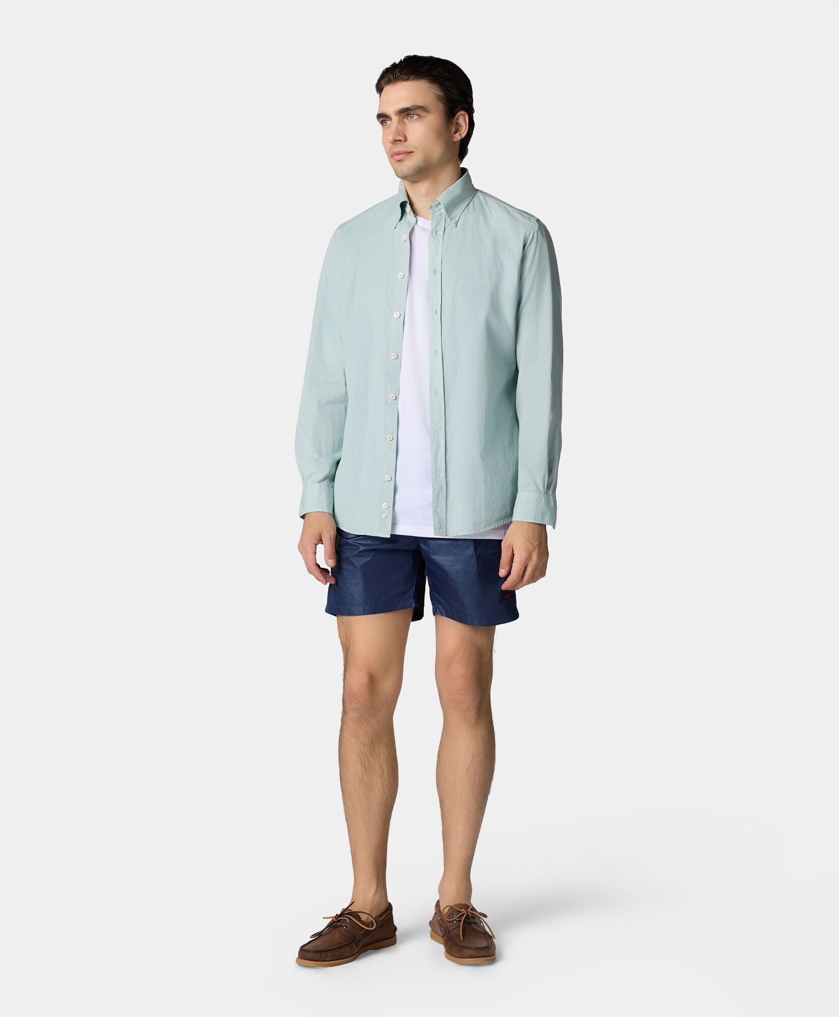 Brooks Brothers Chemise Slim Fit en Coton Teintée à la Garment avec Col Button Down Sauge CSHBD012COPCO001SAGEP001