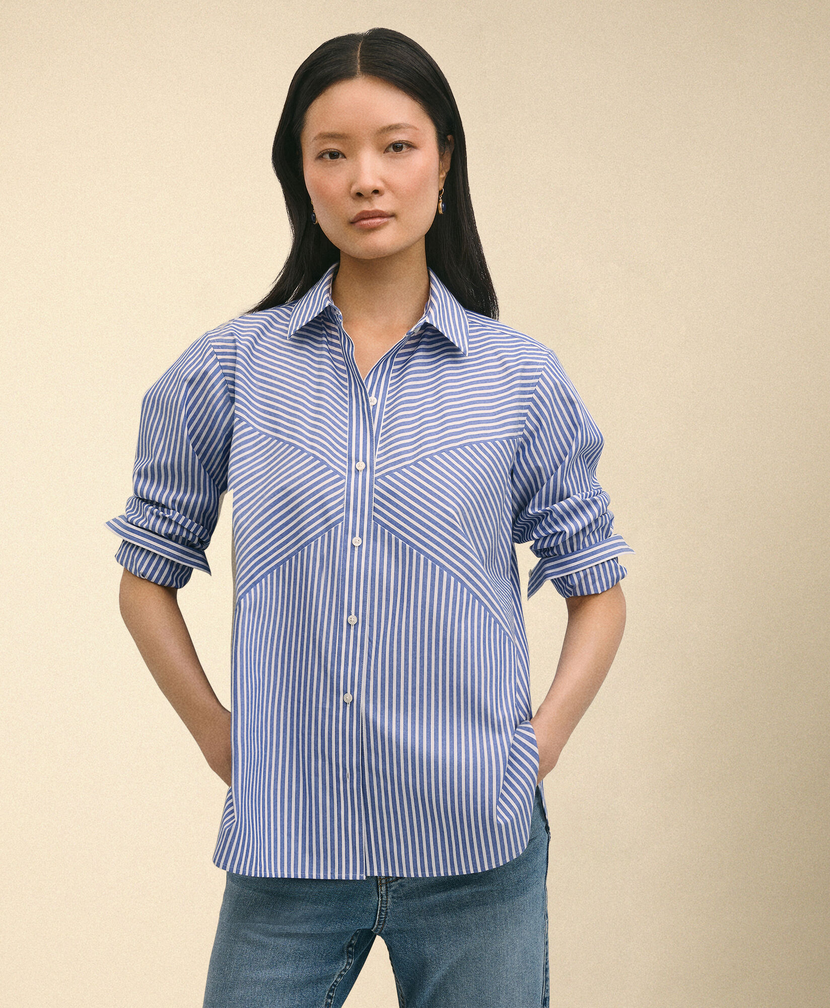 Brooks Brothers Relaxed Fit Striped Poplin Shirt with Forward Point Collar Dark Blue 1000104816US100221504