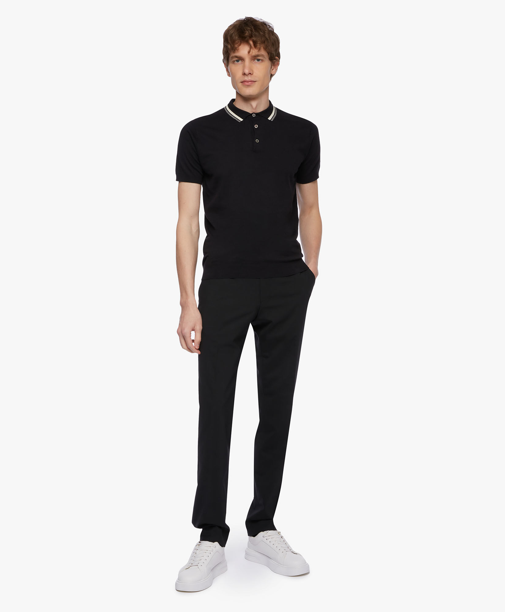 Black pants and top polo shirt