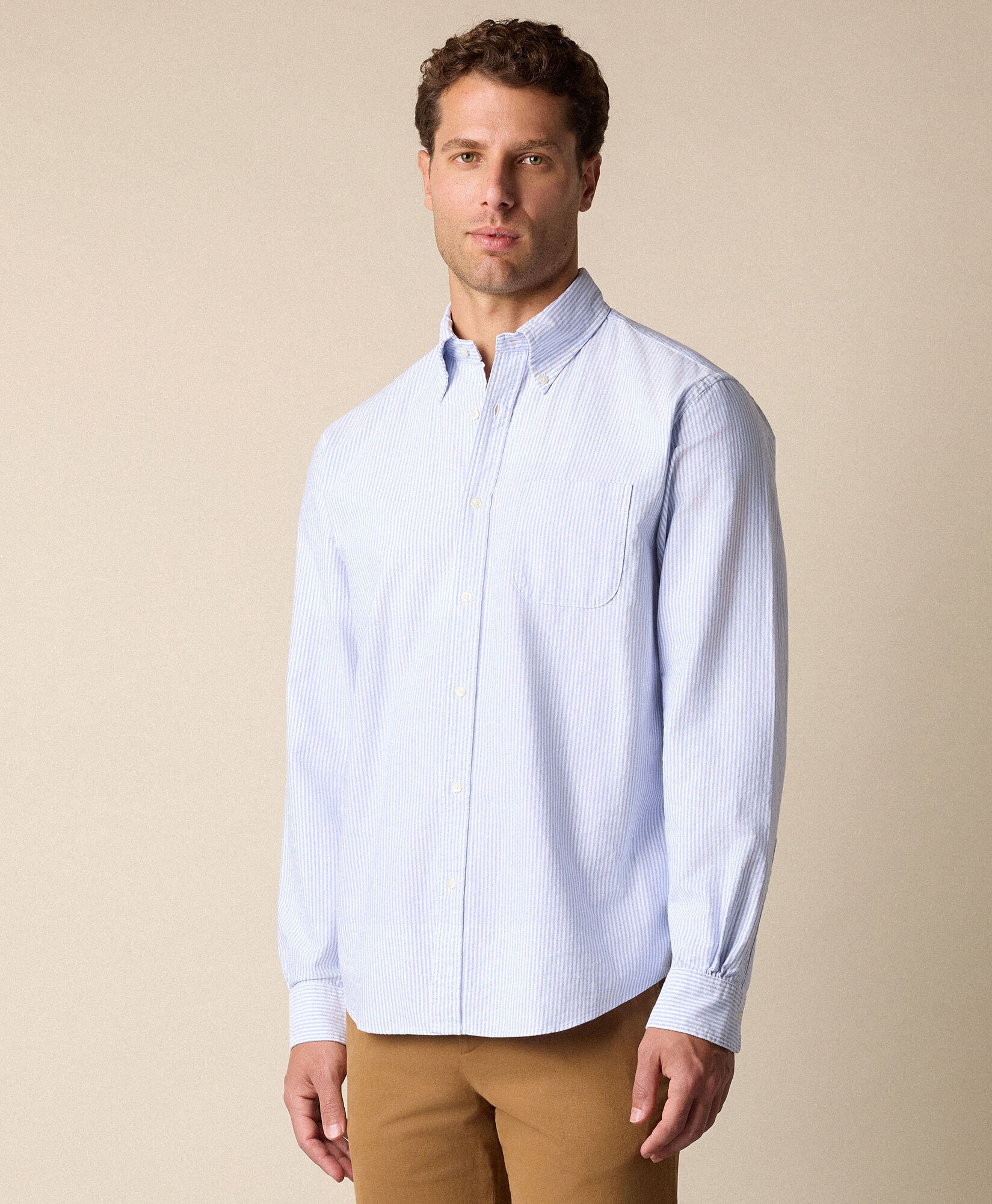 Brooks Brothers Chemise Oxford lavée à rayures avec coupe classique et Col Button Down Bleu 1000098504US100207812