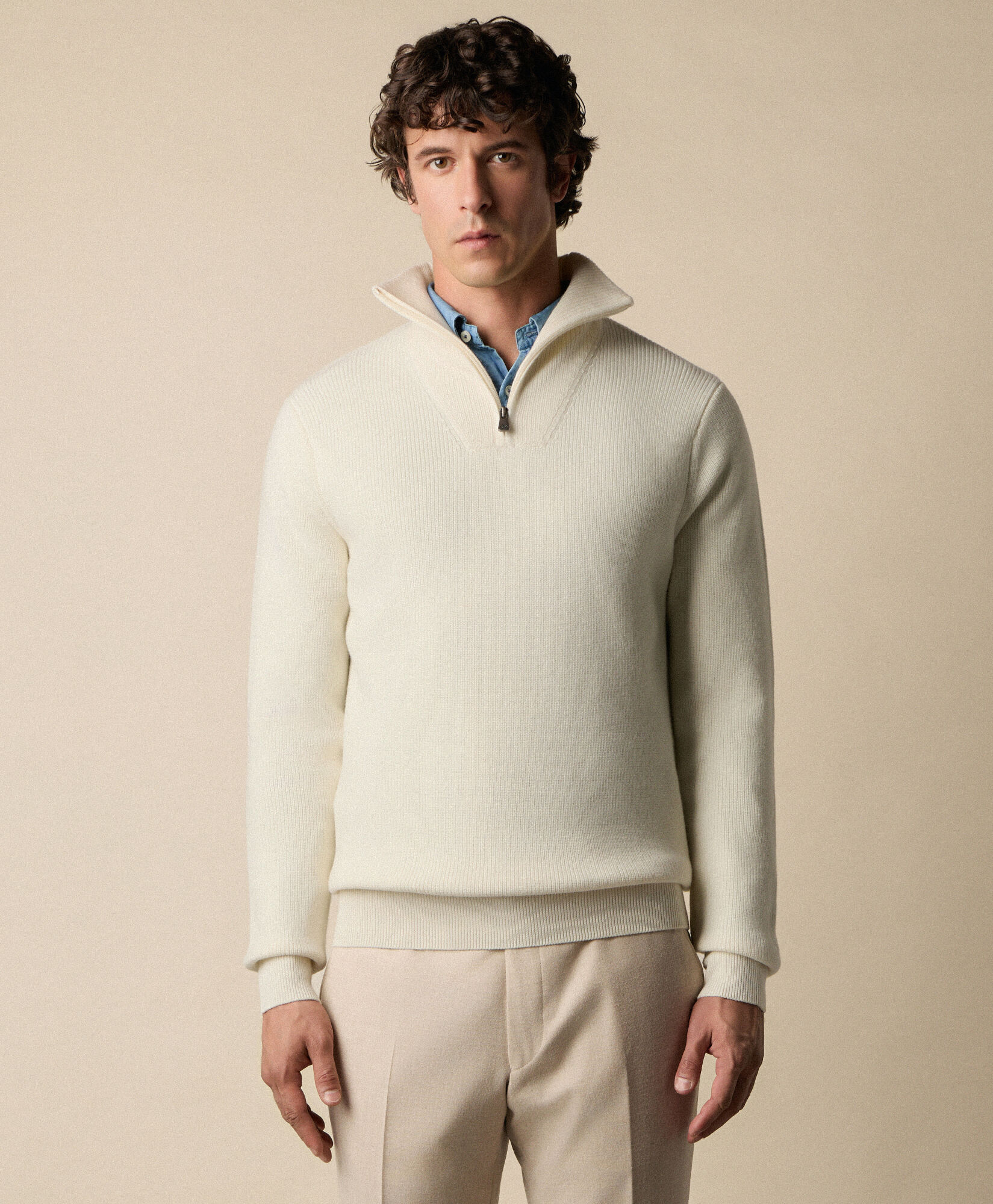 Brooks Brothers Pull à Demi-Zip en Laine Mérinos Lait KNHFZ005WOPWO002MILKP001