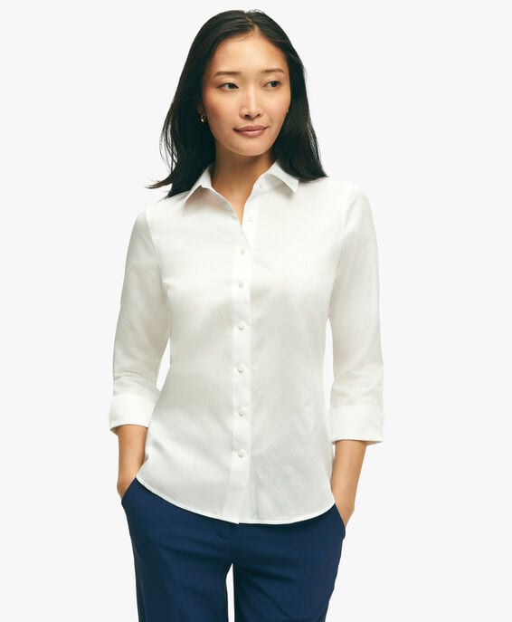 Brooks Brothers Blusa blanca entallada en satén de algodón elástico con manga tres cuartos Blanco 1000098397US100207946