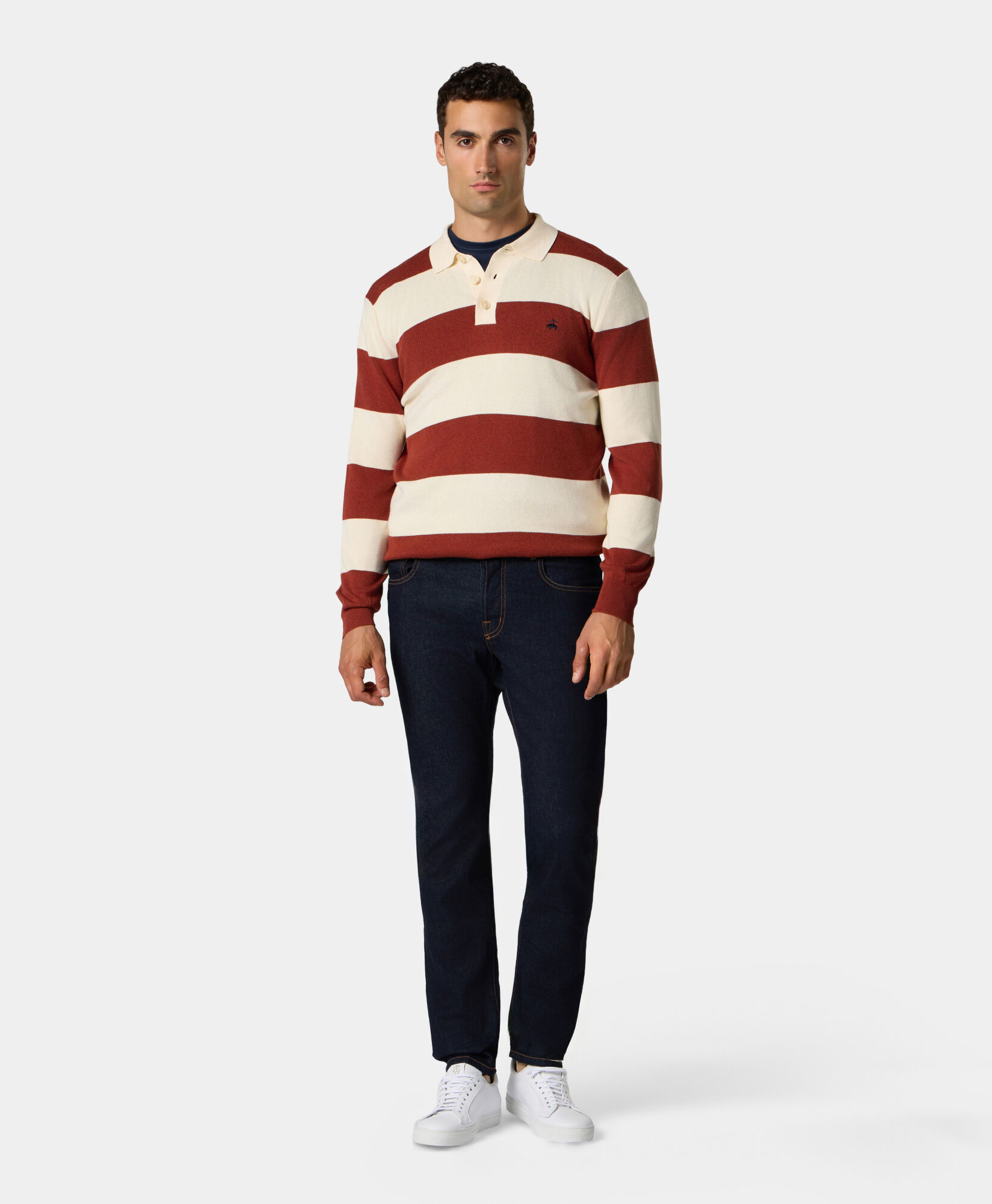 Brooks Brothers Striped Cotton-Cashmere Rugby Knit Polo Rust KNPOL012COBWO002RUSTF001