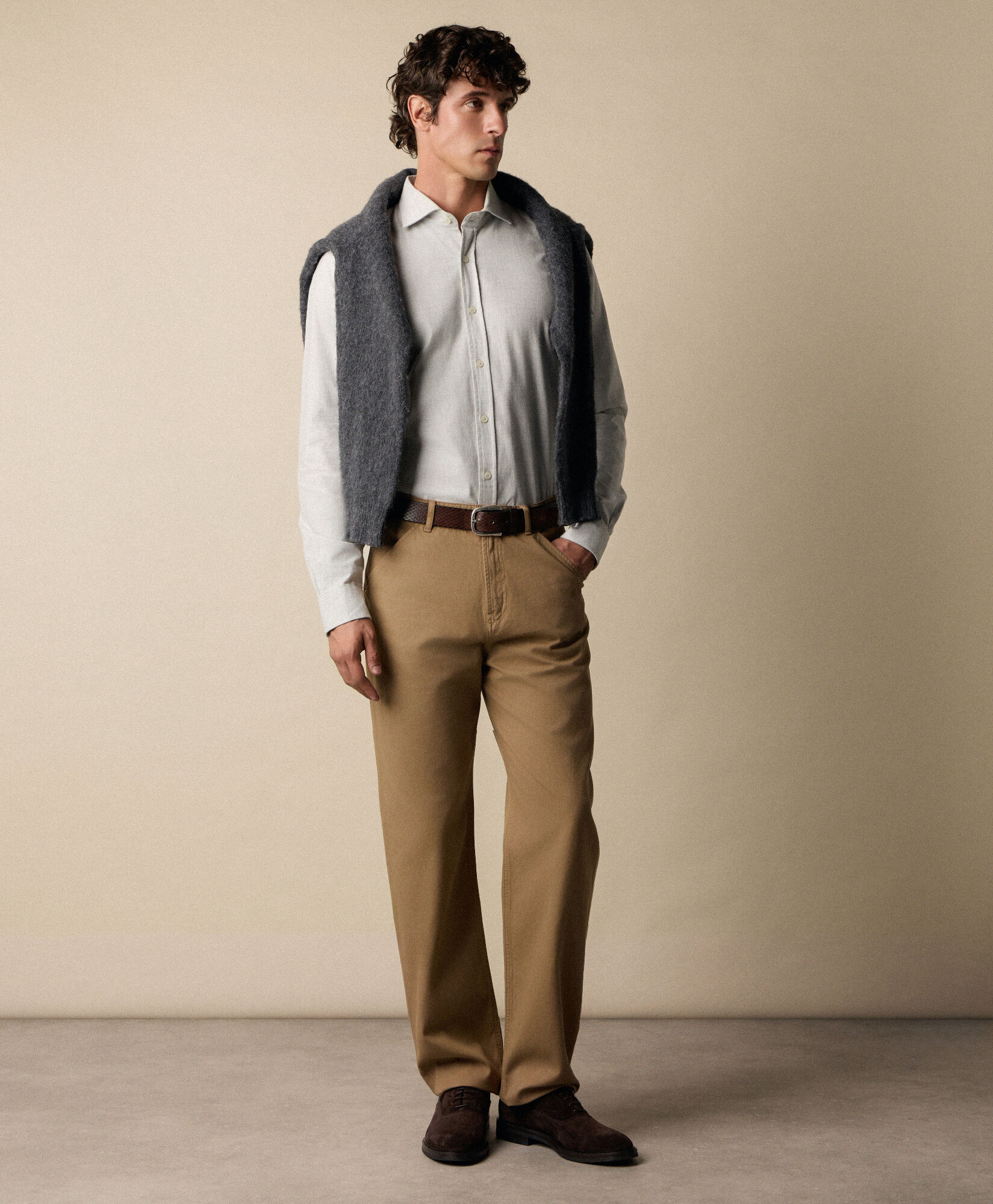 Brooks Brothers Slim Fit Melange Cotton Flannel Shirt with Spread Collar Light Grey CSHSP011COPCO001LTGRP001