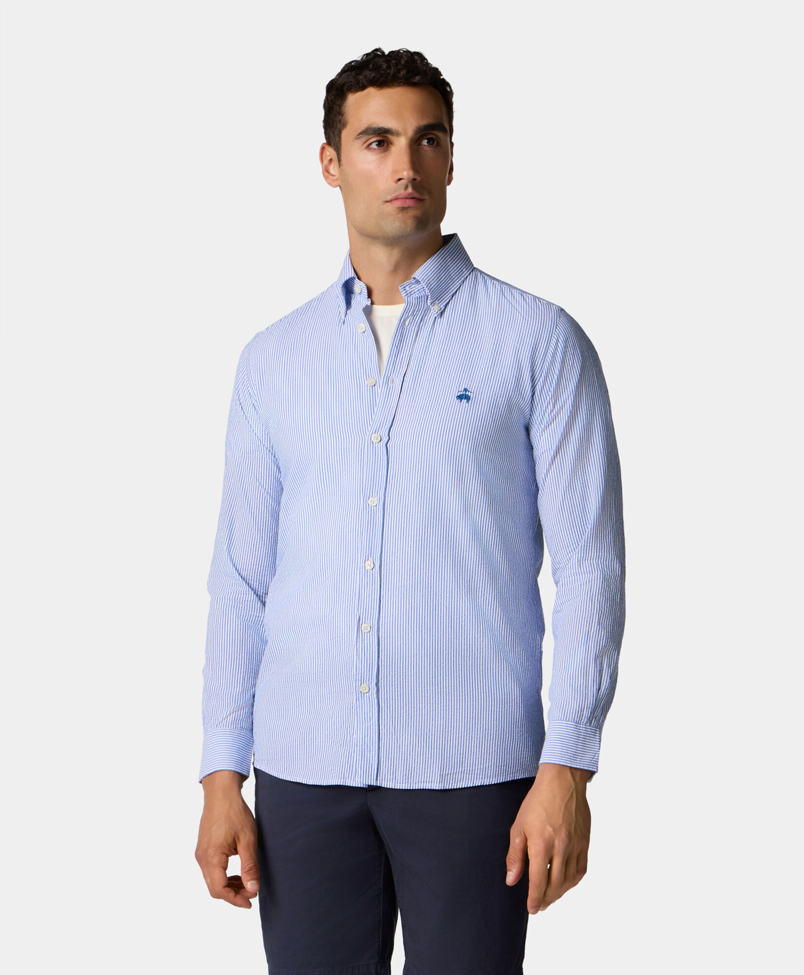 Brooks Brothers Slim Fit Striped Seersucker Button Down Shirt Blue CSHBD013COPCO001BLUEF001