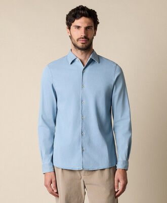 Brooks Brothers Slim Fit Denim Tencel Blend Shirt with Open Collar Bleached Blue CSHOC001TNBCO001BLCDP001