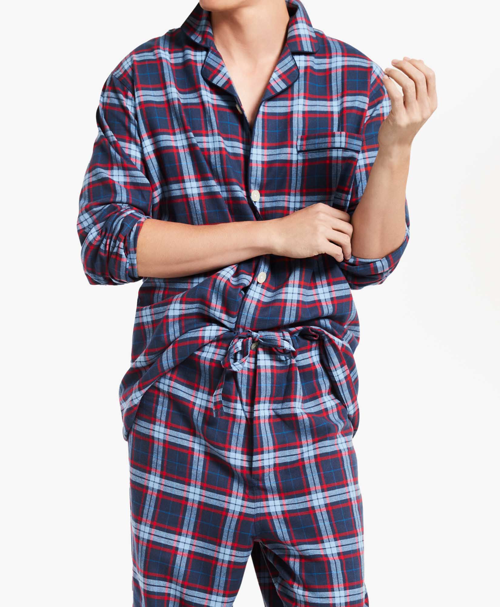Plaid Flannel Open Pajamas in Dark Blue Red Tartan for Men Brooks Brothers EU