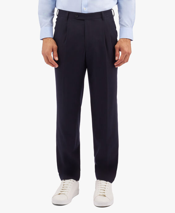 Brooks Brothers Navy Blue Wool Blend Regular Fit Trousers with Pleats Navy DTROU003WOBWV001NAVYP001
