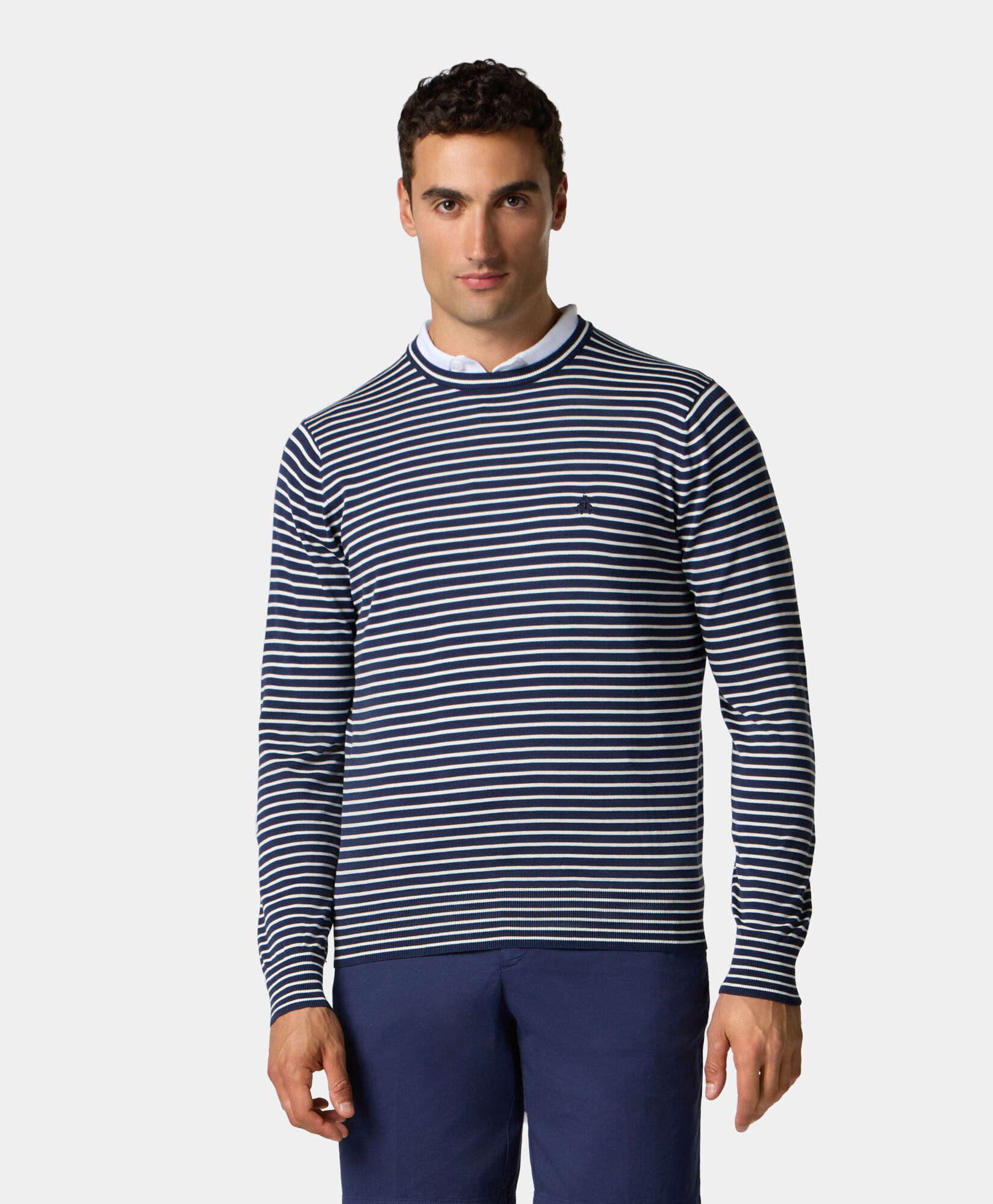 Brooks Brothers Striped Cotton-Silk-Linen Crewneck Blue KNCRN044COBSE001BLUEF001