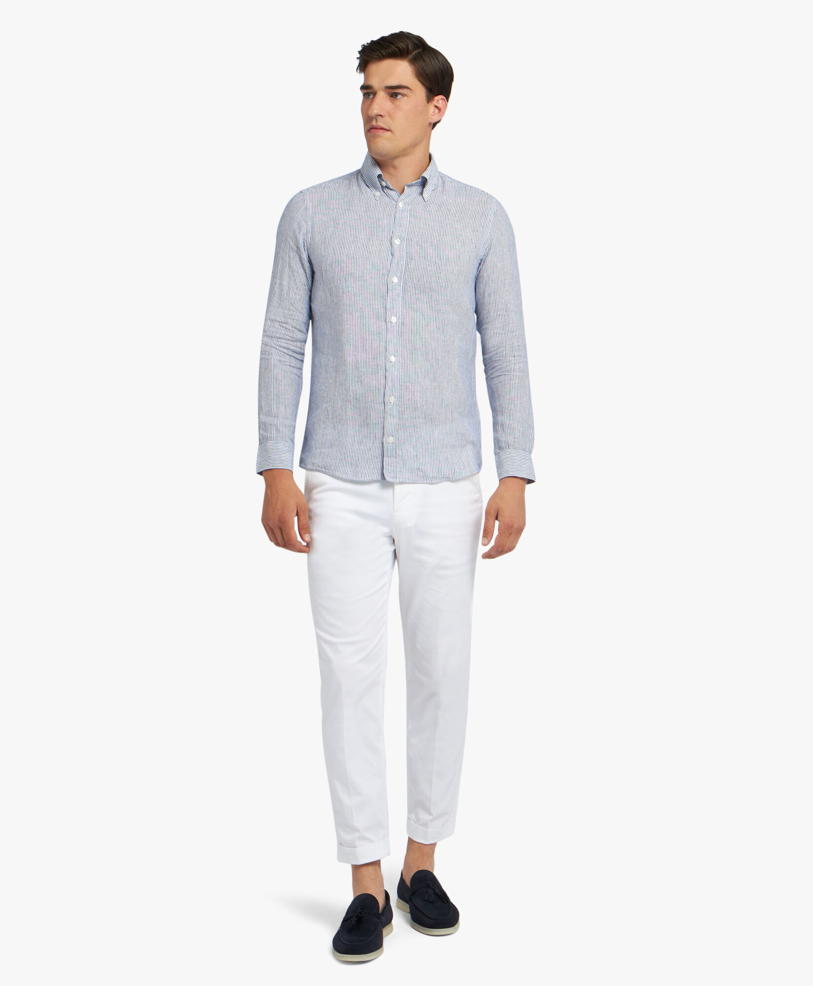 Brooks Brothers Slim Fit Striped Linen Button Down Shirt Navy CSHBD006LIPLI001NAVYF001